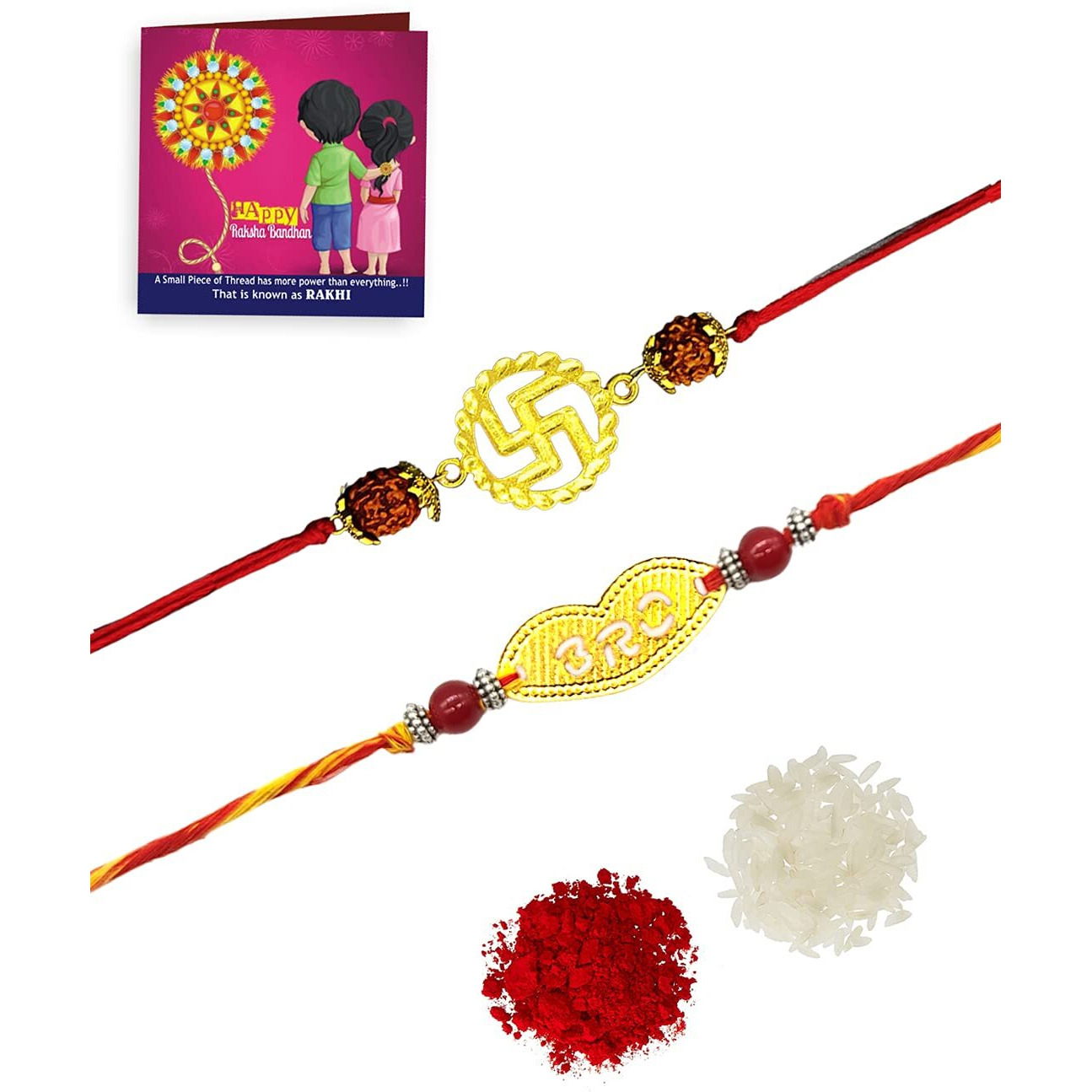 Yellow Chimes Set of 2 Pcs Handmade Dori Worked Gold Toned Swastik and BRO Engraved Design Rudraksh Rakhi for Brother with Roli & Chawal, Red, Gold, Medium (YCTJRK-12BHAY-GL) for Men