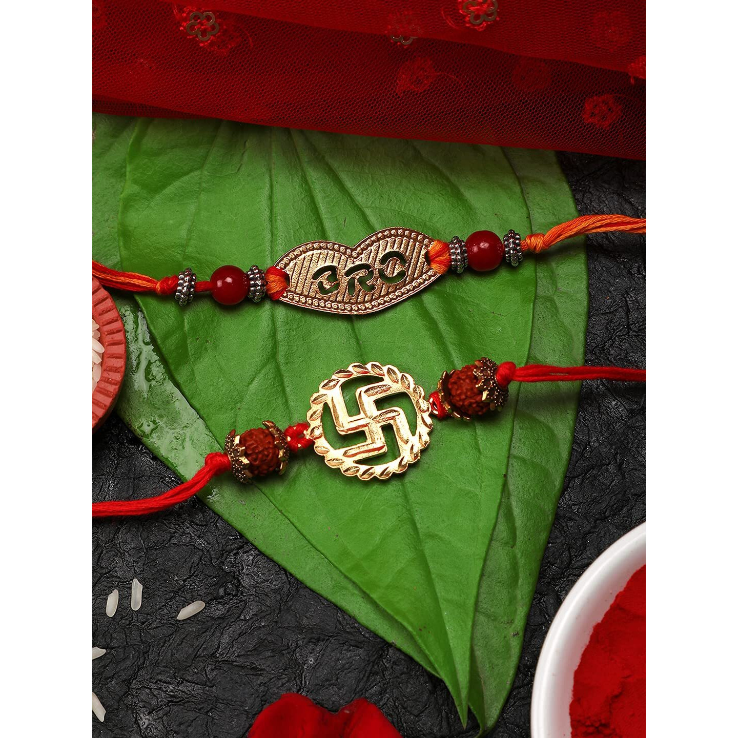 Yellow Chimes Set of 2 Pcs Handmade Dori Worked Gold Toned Swastik and BRO Engraved Design Rudraksh Rakhi for Brother with Roli & Chawal, Red, Gold, Medium (YCTJRK-12BHAY-GL) for Men