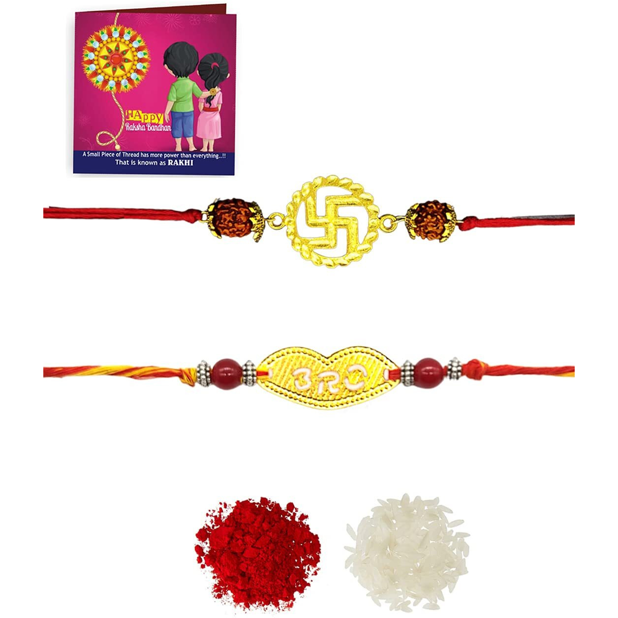 Yellow Chimes Set of 2 Pcs Handmade Dori Worked Gold Toned Swastik and BRO Engraved Design Rudraksh Rakhi for Brother with Roli & Chawal, Red, Gold, Medium (YCTJRK-12BHAY-GL) for Men
