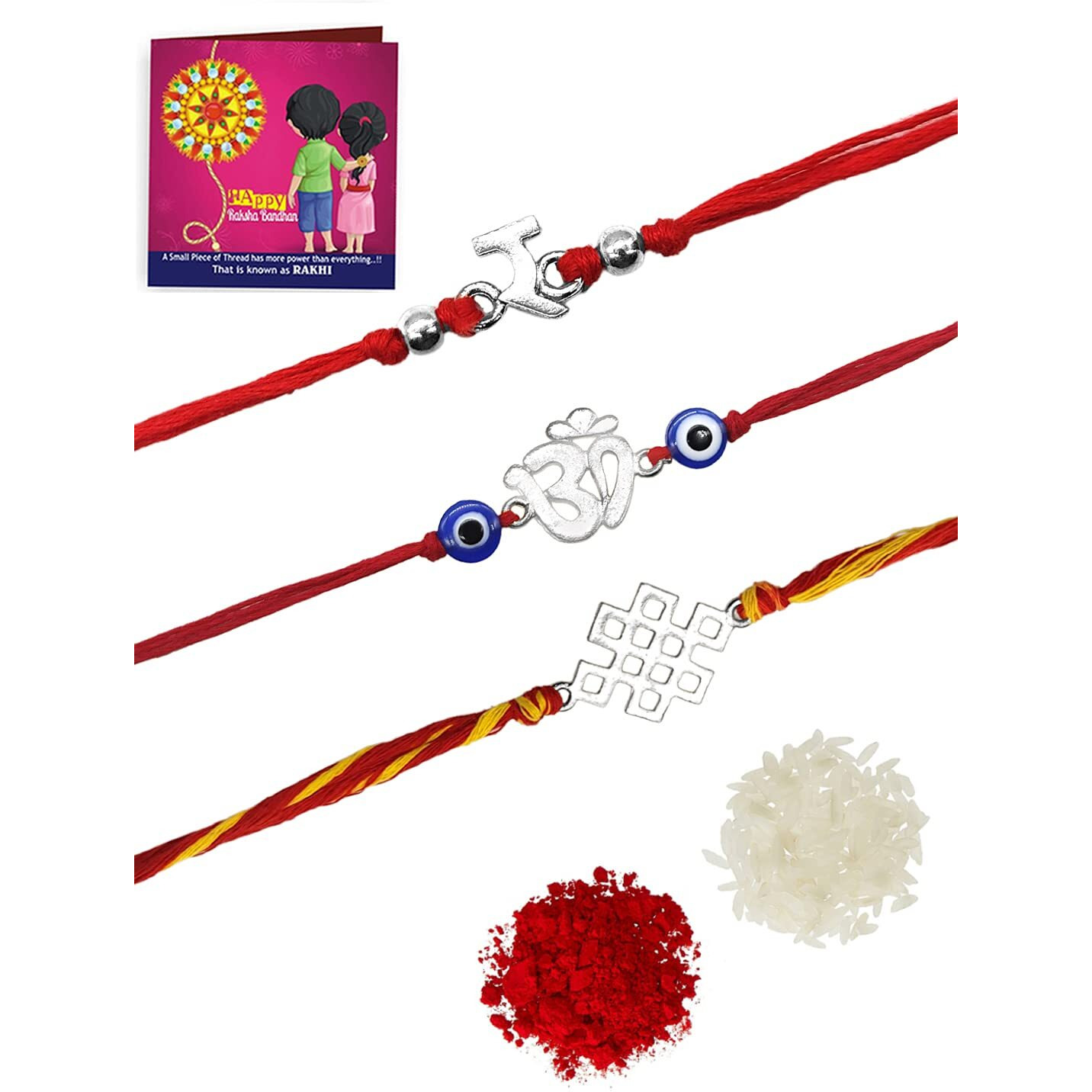 Yellow Chimes Combo of 3 Pcs Handmade Dori Worked Silver Toned OM Initial Letter R and Celtic Design Evil Eye Beads Rakhi for Brother with Roli & Chawal, Red, Silver, Medium (YCTJRK-30BHAY-SL)
