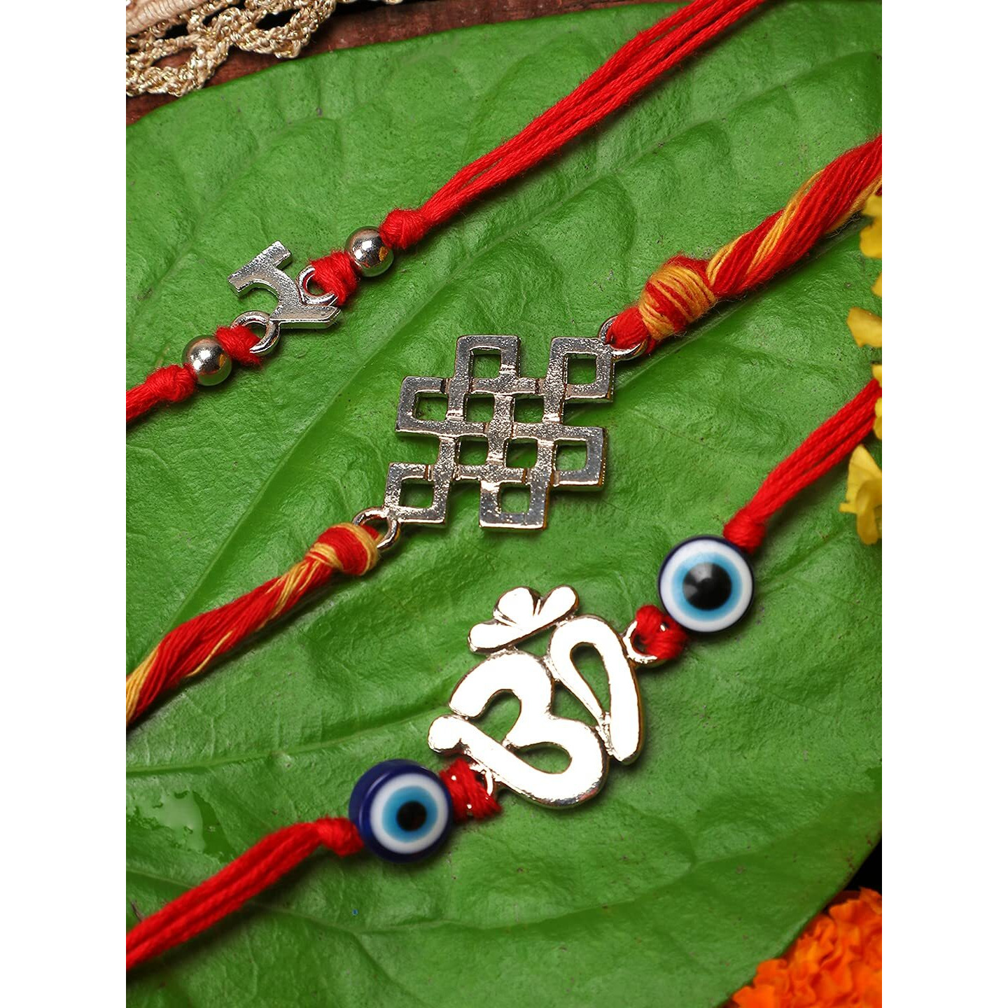 Yellow Chimes Combo of 3 Pcs Handmade Dori Worked Silver Toned OM Initial Letter R and Celtic Design Evil Eye Beads Rakhi for Brother with Roli & Chawal, Red, Silver, Medium (YCTJRK-30BHAY-SL)