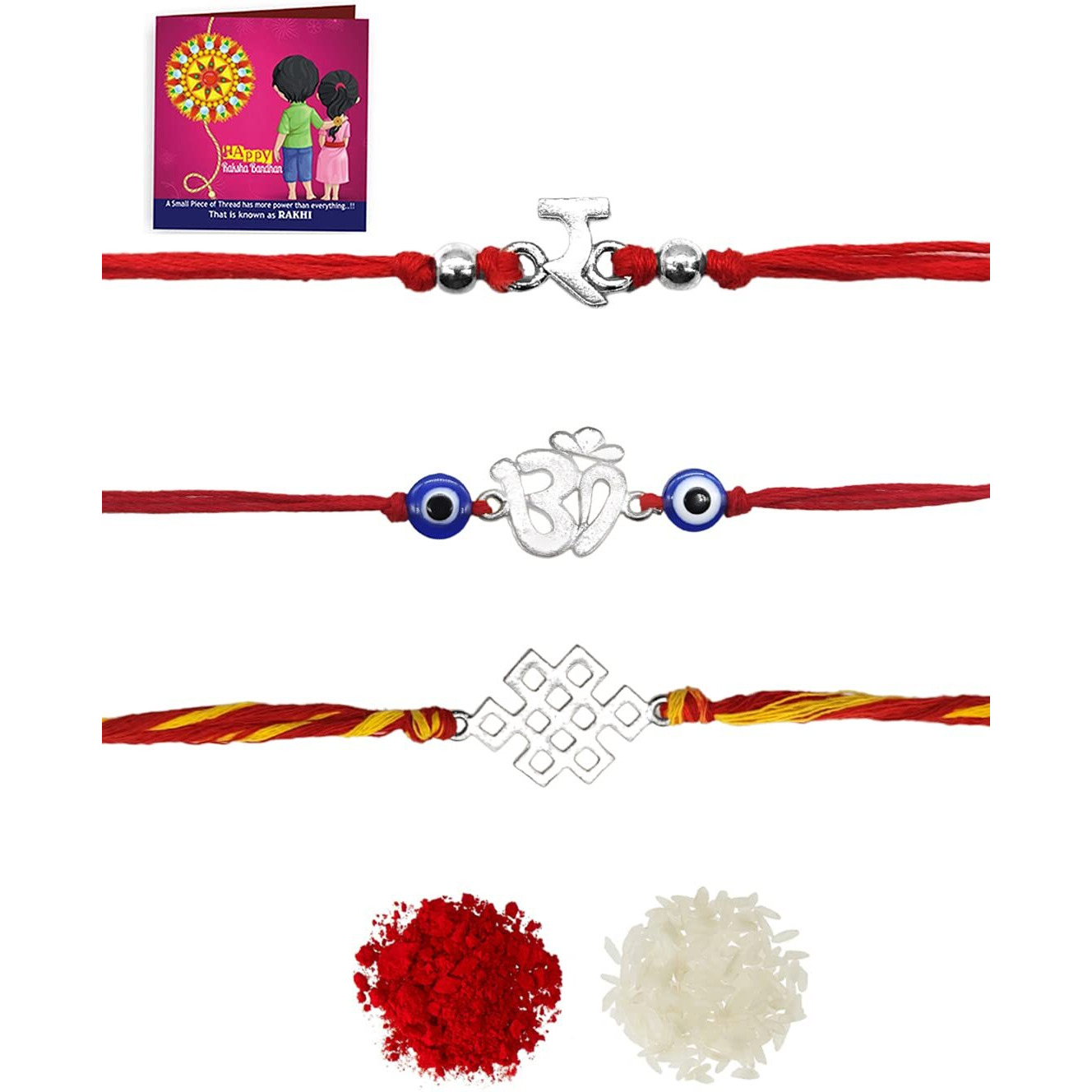 Yellow Chimes Combo of 3 Pcs Handmade Dori Worked Silver Toned OM Initial Letter R and Celtic Design Evil Eye Beads Rakhi for Brother with Roli & Chawal, Red, Silver, Medium (YCTJRK-30BHAY-SL)