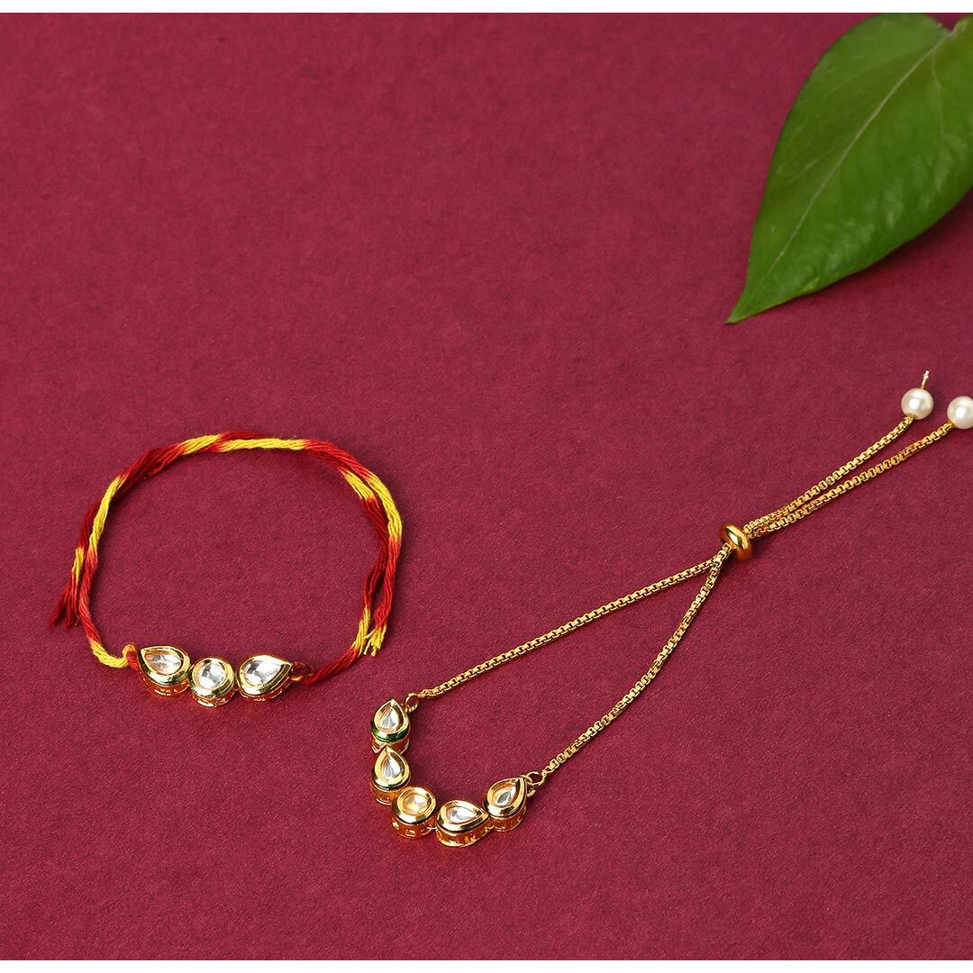 Yellow Chimes Rakhi for Brother and Bhabhi Gold Plated Kundan Bhaiya Bhabhi Rakhi Set Handmade Dori Worked Rakhi Combo of 2 PCs Men Rakhi Bracelet With Roli & Chawal