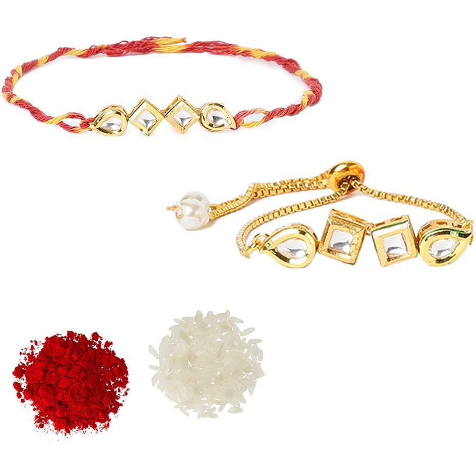 Yellow Chimes Rakhi for Brother and Bhabhi Gold Plated Kundan Bhaiya Bhabhi Rakhi Set Handmade Dori Worked Rakhi Combo of 2 PCs Men Rakhi Bracelet With Roli & Chawal