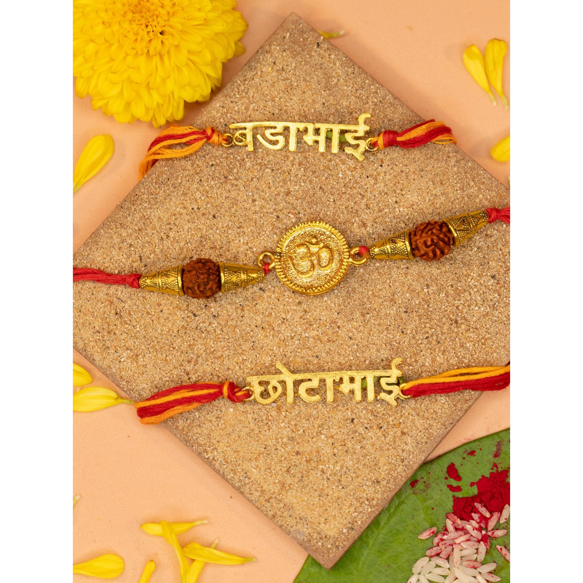 Yellow Chimes Rakhi for Brother | Combo of 3 Rakhi Set for Brother | Traditional Gold Plated Rakhi Set for Brother and Sister| Rakhi with Roli, Chawal and Greeting Card