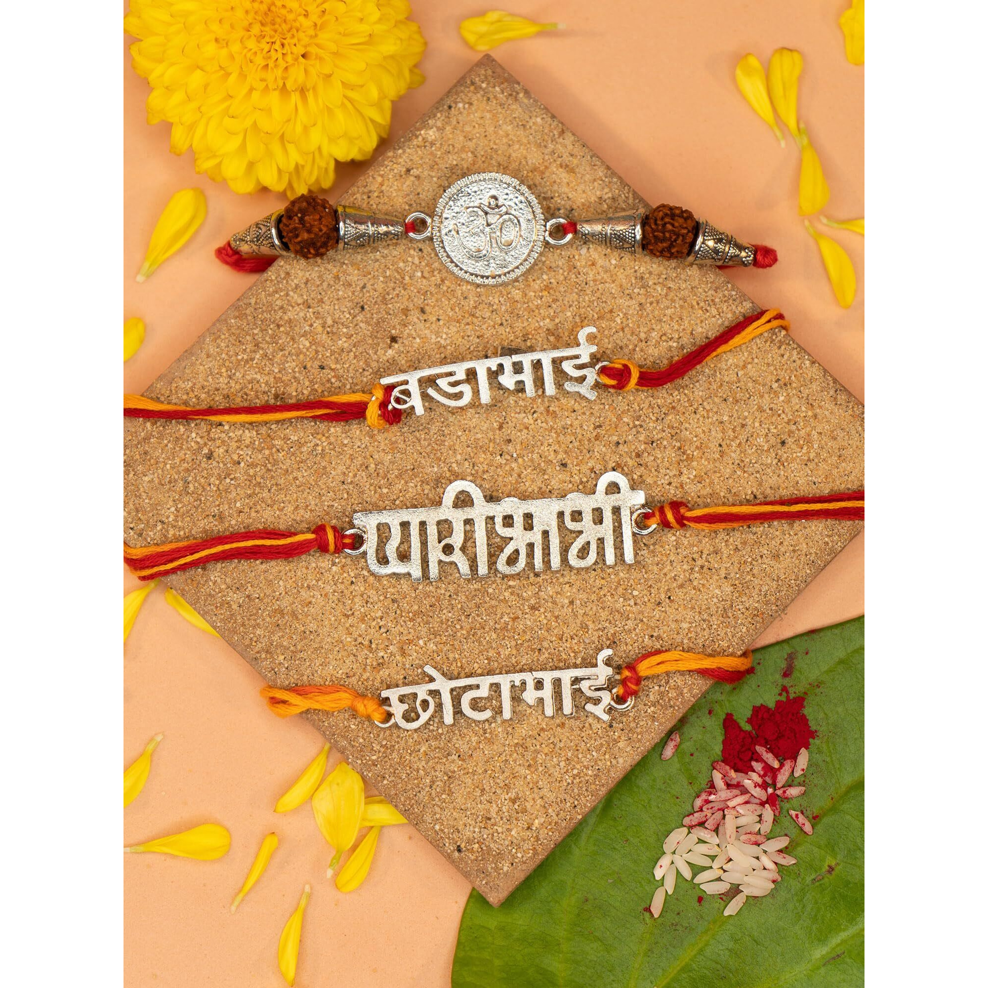 Yellow Chimes Rakhi for Brother | Combo of 4 Rakhi Set for Brother | Traditional Silver Plated Rakhi Set for Brother and Sister| Rakhi with Roli, Chawal and Greeting Card