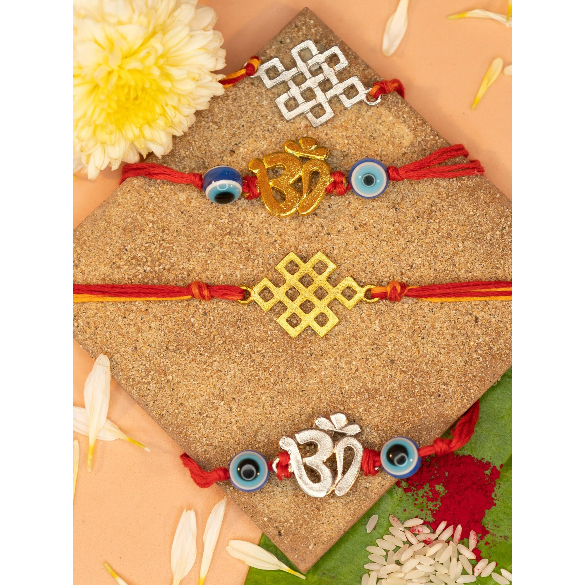 Yellow Chimes Rakhi for Brother | Combo of 4 Rakhi Set for Brother | Traditional Gold and Silver Plated Rakhi Set for Brother and Sister| Rakhi with Roli, Chawal and Greeting Card