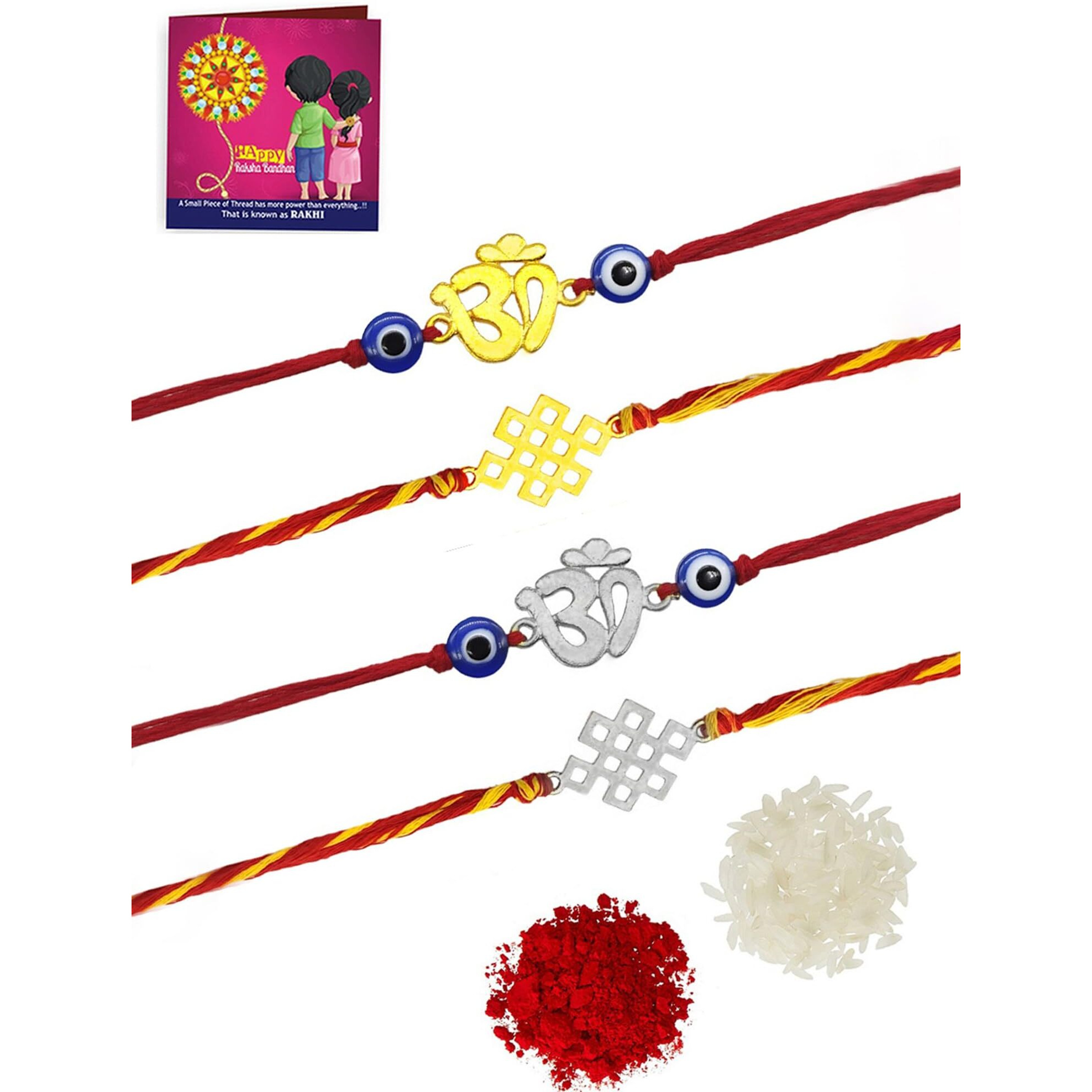 Yellow Chimes Rakhi for Brother | Combo of 4 Rakhi Set for Brother | Traditional Gold and Silver Plated Rakhi Set for Brother and Sister| Rakhi with Roli, Chawal and Greeting Card