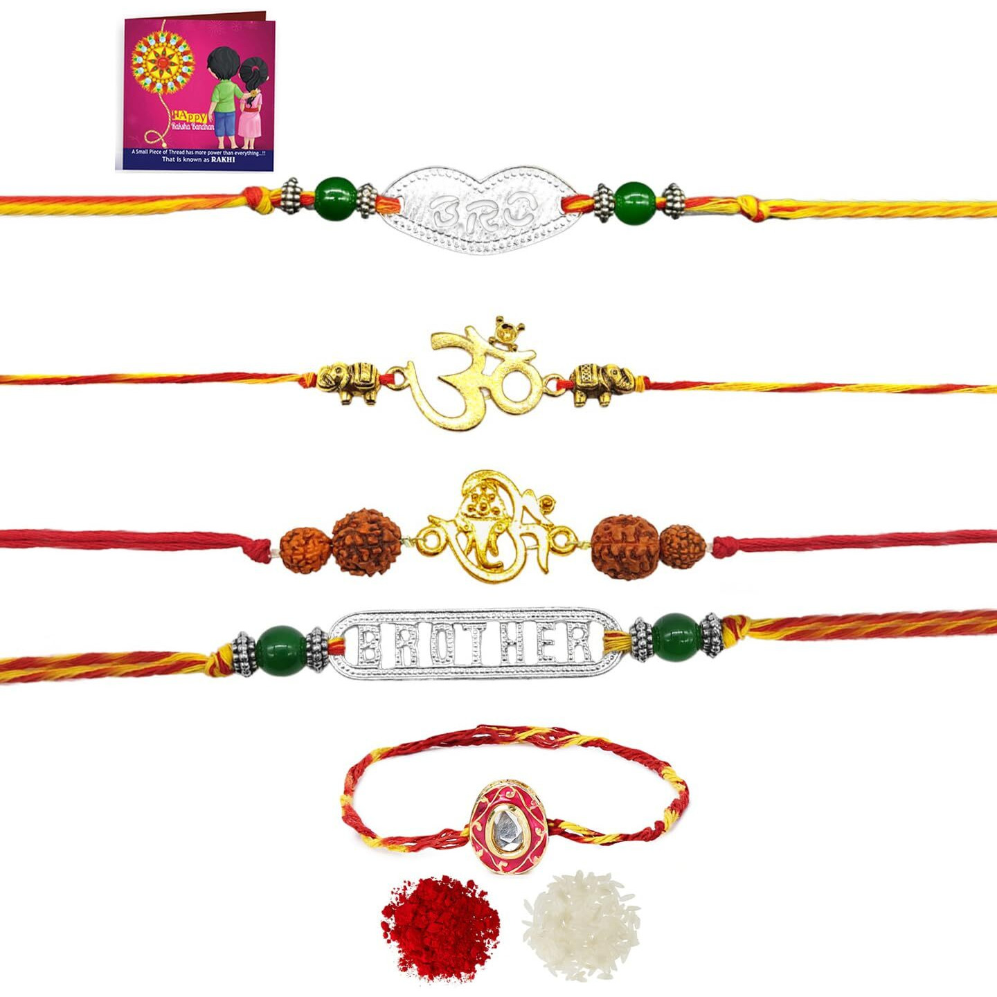 Yellow Chimes Rakhi for Brother | Combo of 5 Rakhi Set for Brother | Traditional Gold and Silver Plated Rakhi Set for Brother and Sister| Rakhi with Roli, Chawal and Greeting Card