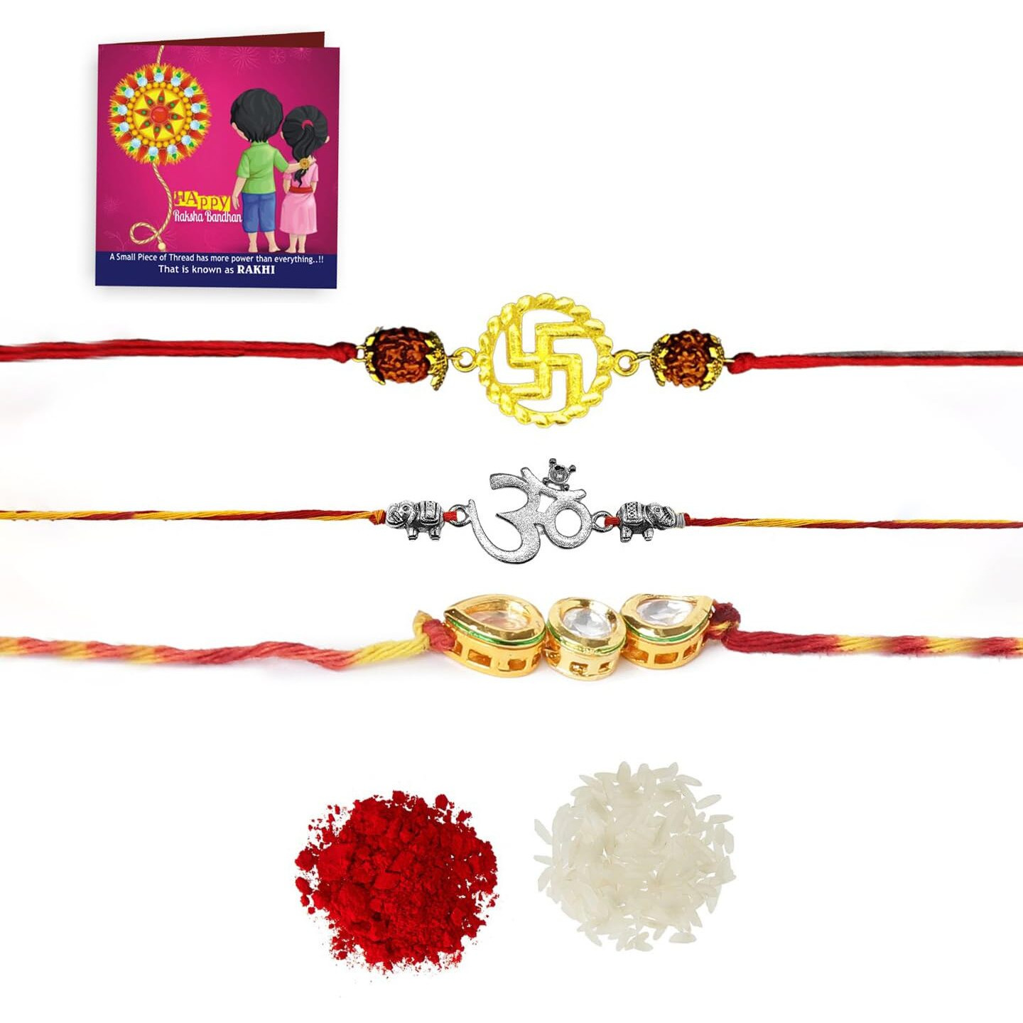 Yellow Chimes Rakhi for Brother | Combo of 3 Rakhi Set for Brother | Traditional Gold and Silver Plated Kundan Rakhi Set for Brother and Sister| Rakhi with Roli, Chawal and Greeting Card