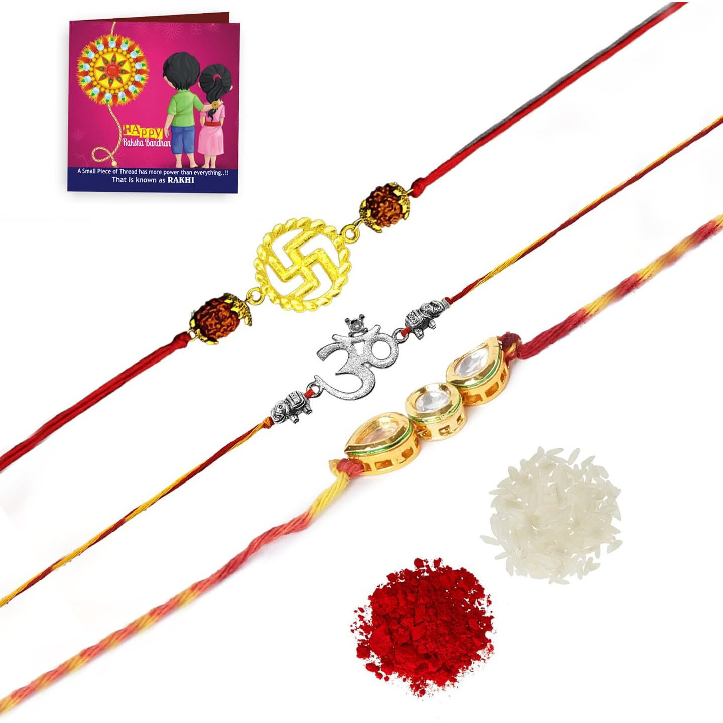 Yellow Chimes Rakhi for Brother | Combo of 3 Rakhi Set for Brother | Traditional Gold and Silver Plated Kundan Rakhi Set for Brother and Sister| Rakhi with Roli, Chawal and Greeting Card