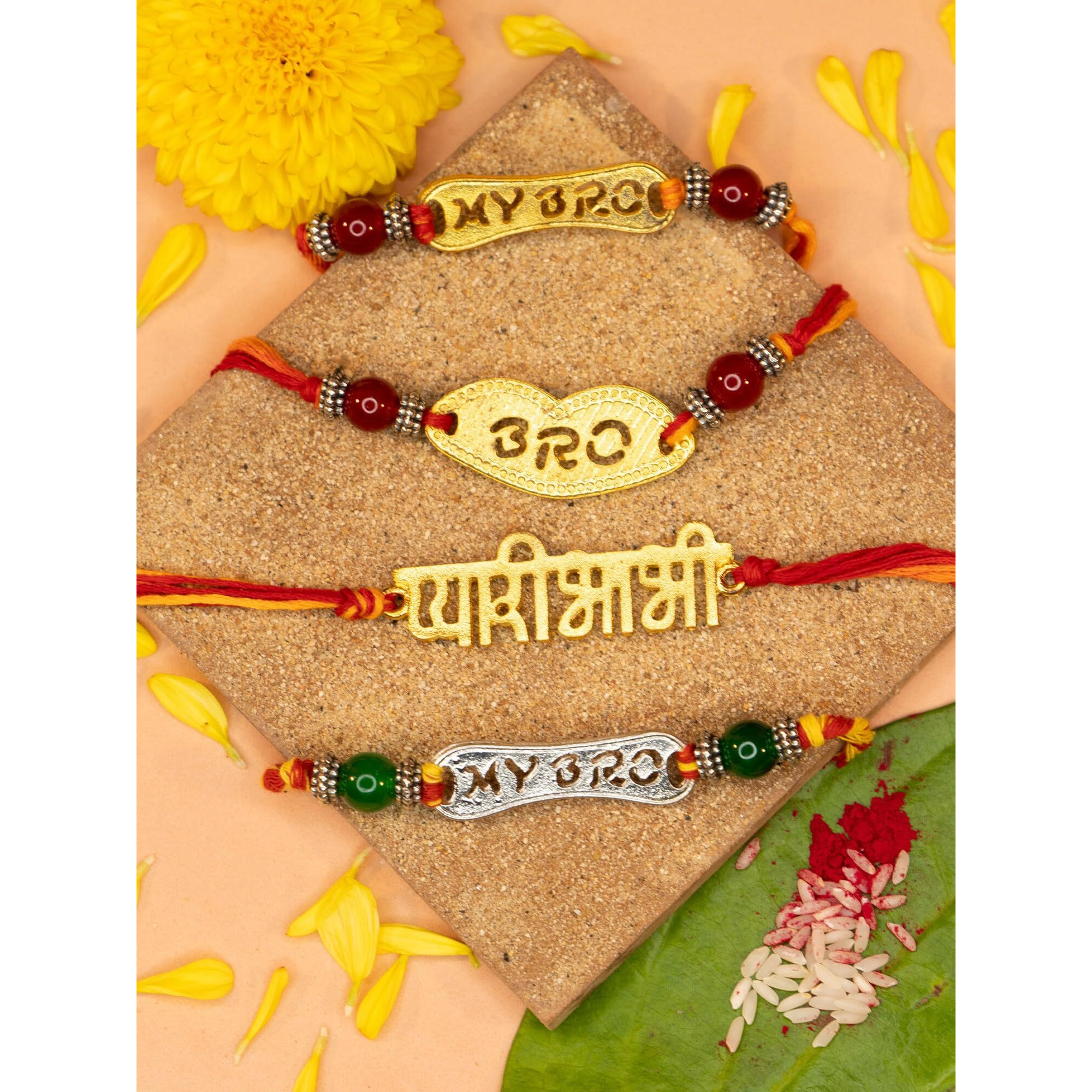Yellow Chimes Rakhi for Brother | Combo of 4 Rakhi Set for Brother | Traditional Gold and Silver Plated Rakhi Set for Brother and Sister| Rakhi with Roli, Chawal and Greeting Card