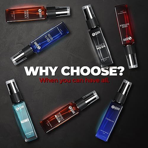 Beardo Legendary 7 Assorted Perfume Gift Set for Men 7X8ml with Long Lasting Fragrances | Travel Pack with Mariner Whisky Smoke Dark Side God Father Tsunami & Black Musk | Rakhi Gift for Brother | Friendship Day Gift