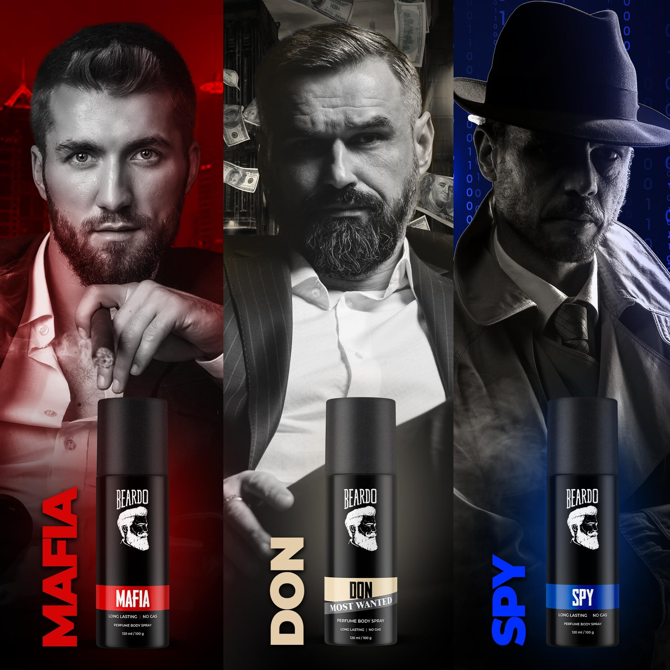 Beardo Deodorant Perfume Body Spray Set For Men (120ml x 3) | Spy Deo Aromatic Fresh Scent | Mafia Oriental Woody Notes |Don Most Wanted Citrus Musk Fragrance Rakhi Gift For Brother | Gift For Friends