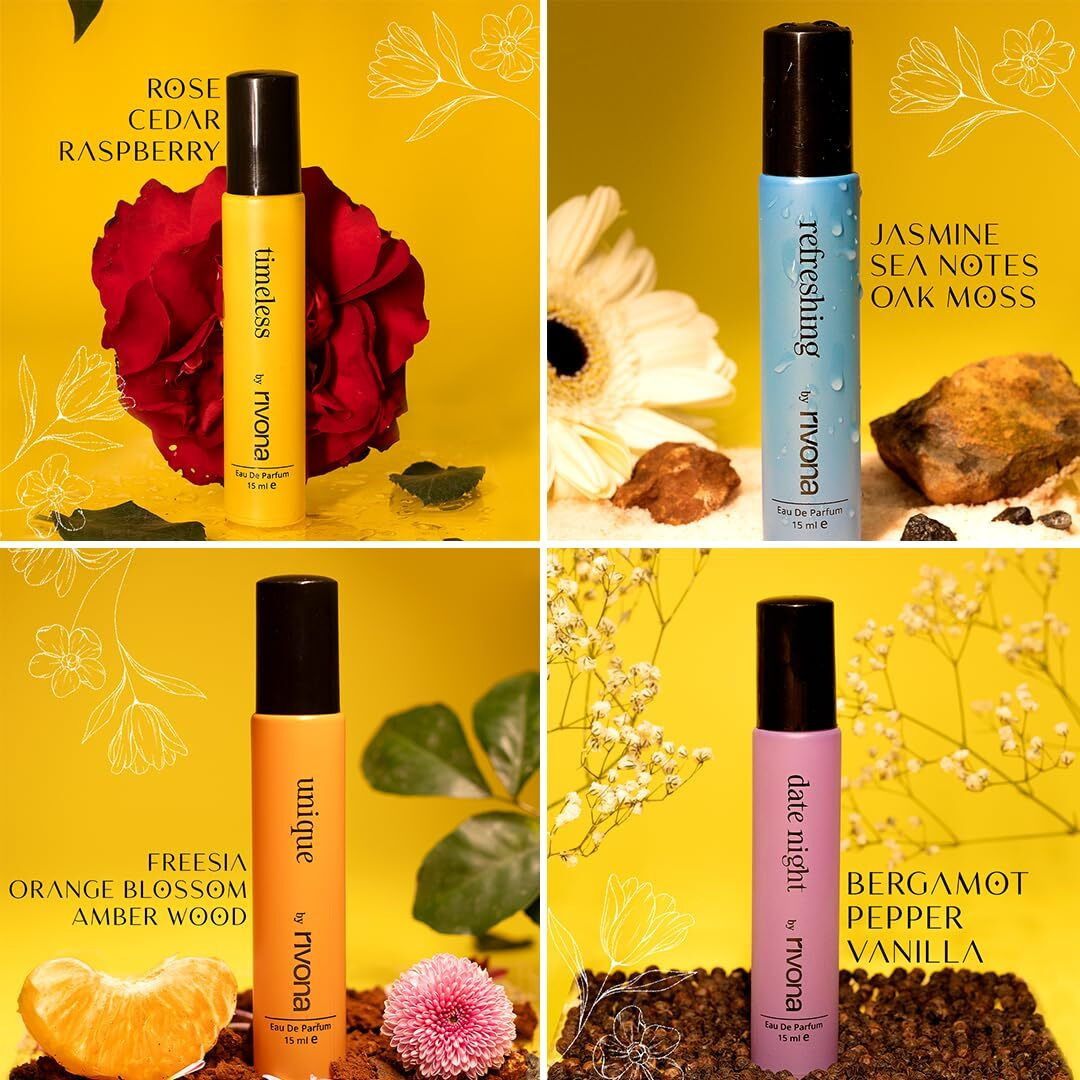 Rivona Versatile Unisex Floral Perfume Gift Set Of 4 X 15Ml For Men & Women| Premium Long-Lasting Fragrance | Rakhi Gift Set For Brother and Sister |Ifra Certified