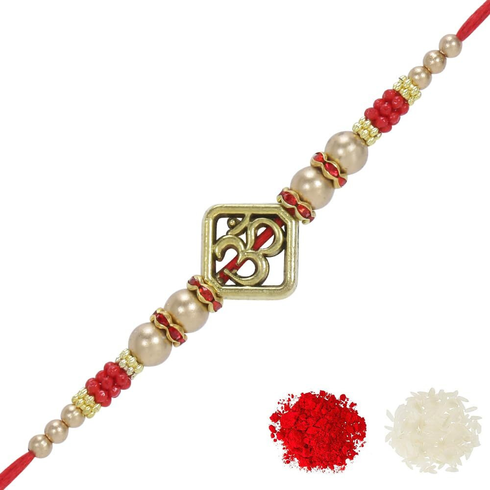 Riddhika Ventures Glorious Gold Plated Auspicious and Diamond Ring Rakhi with Roli Chawal and Greeting Card (D9)