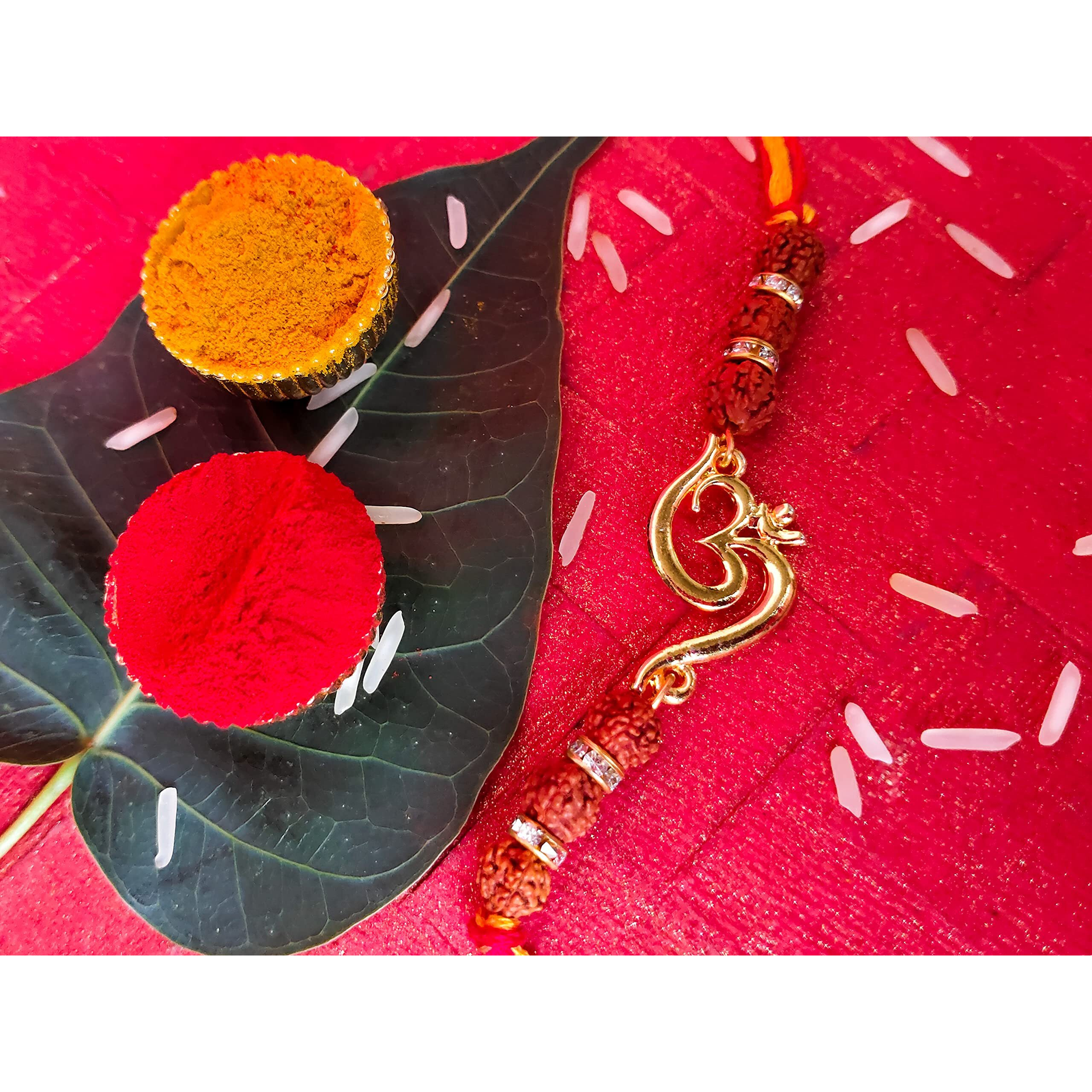 Mahi Brown & White Gold Plated Rakshabandhan OM Rakhi with Rudraksh for Brother/Bhaiya (BR1100546G)