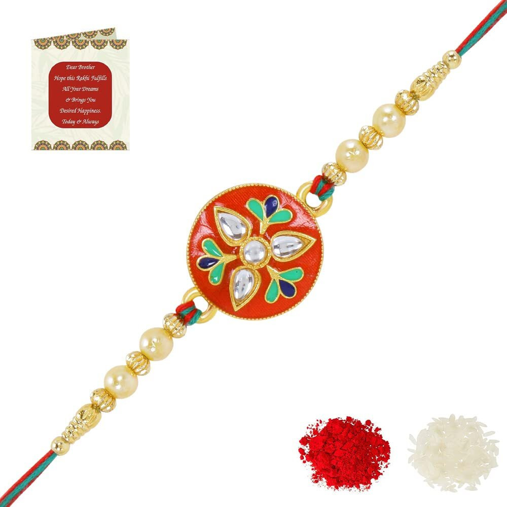 Riddhika Ventures Stunning Gold Plated Designer Brothers Rakhi with Roli Chawal and Greeting Card (P2)