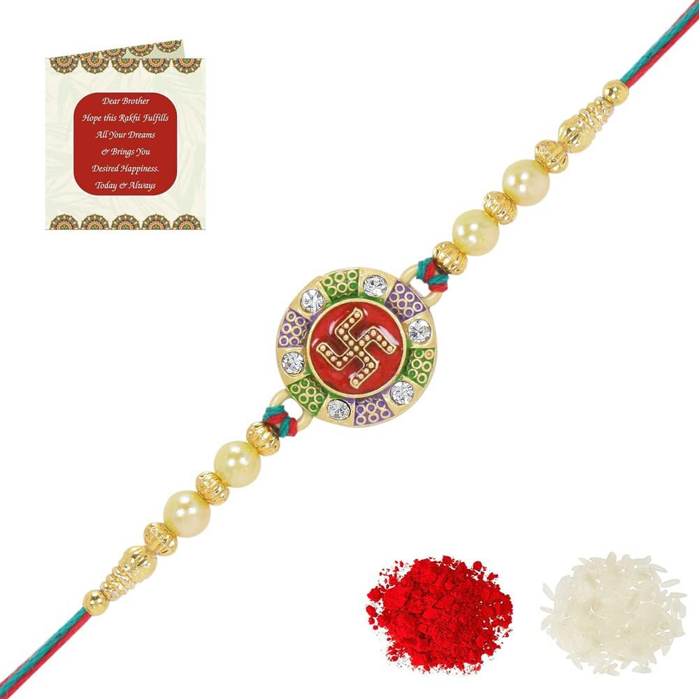 Riddhika Ventures Designer Multi Colour Pearl Rakhi Set of 2 with Roli Chawal and Greeting Card (D1D1)