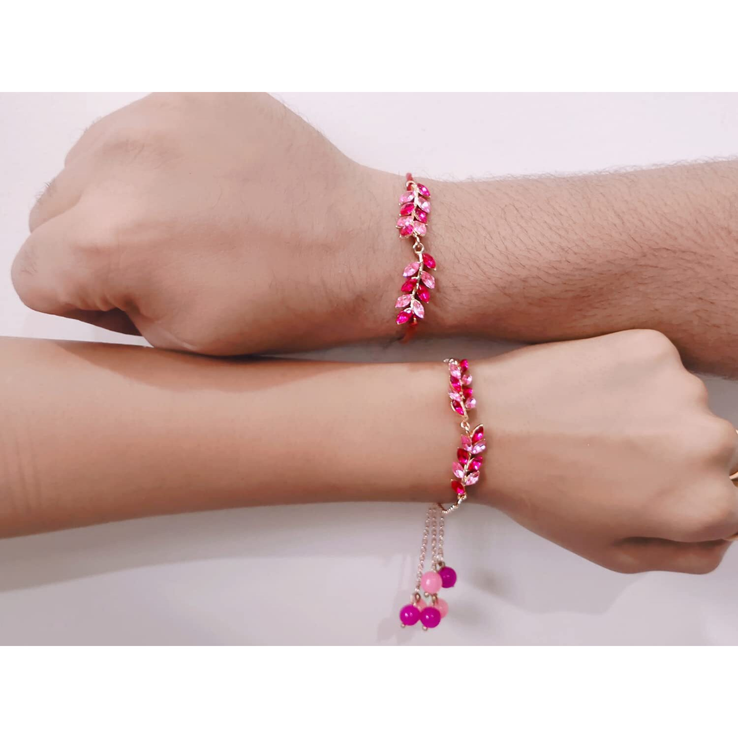Mahi Light and Dark Pink Leafe Shape Crystals Rakhi Combo for Bhaiya and Bhabhi (RCOL1105340M) For Unisex Adult.