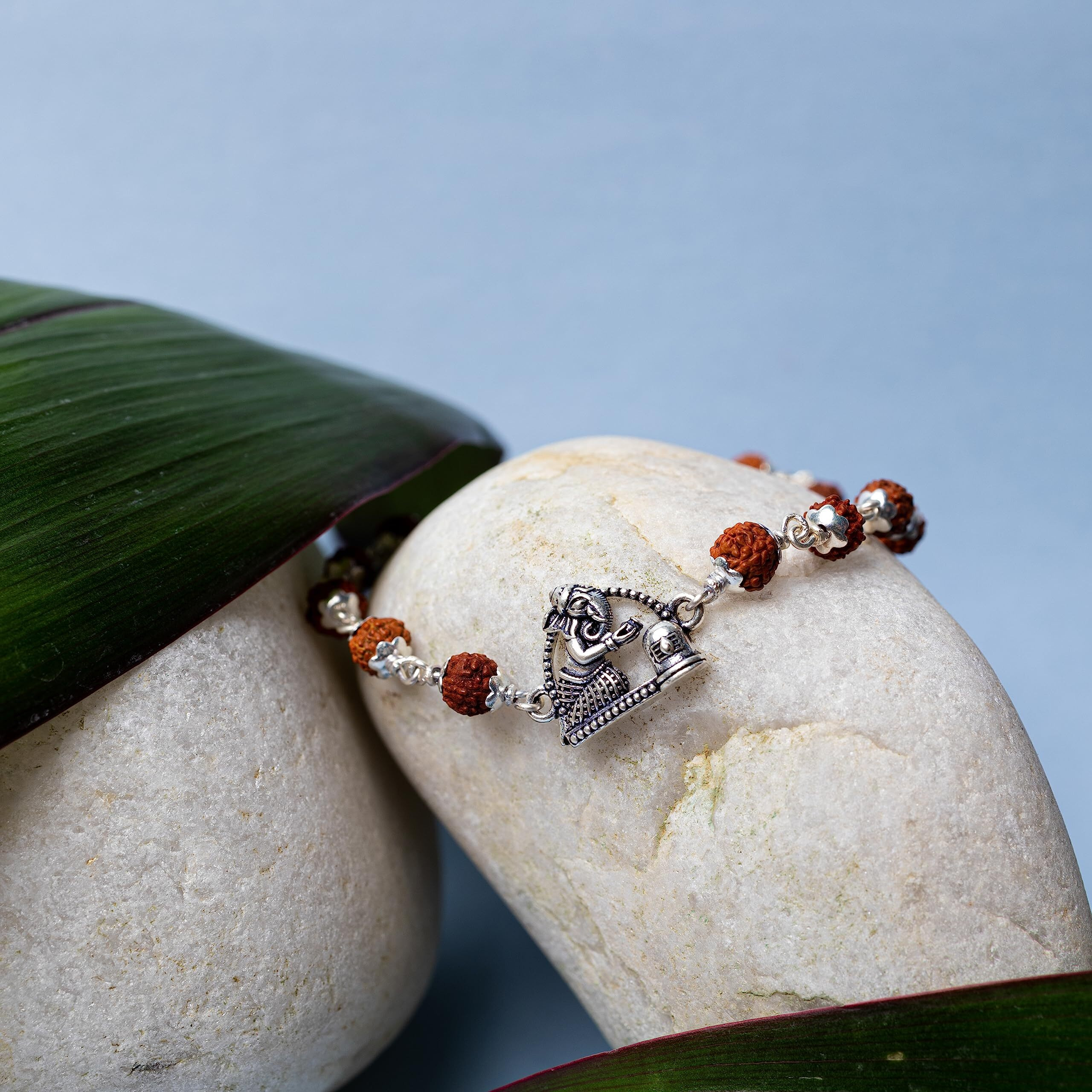 Hem Jewels Pure Silver Rudraksh Rakhi for Brother | Silver Rudaksh Bracelet for Boys and Men | Silver Rakhi with Ganesha and Shivling Motif (HJRKH-60)
