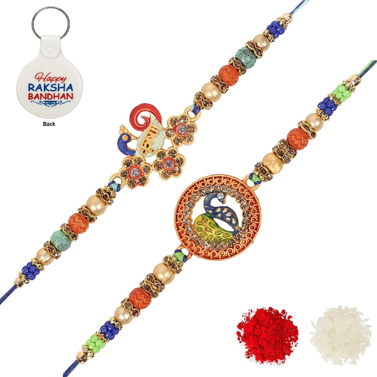Riddhika Ventures Ravishing Gold Plated Meenakari Peacock and Krishna Rakhi (Set of 2) with Roli Chawal, Greeting Card and and One Motivational Keychain (K7K8K)