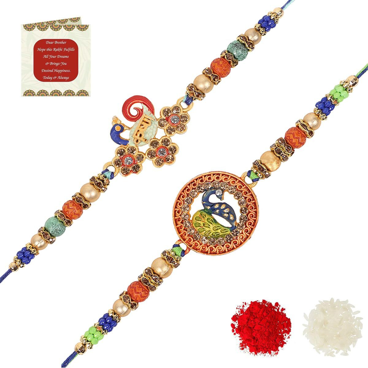 Riddhika Ventures Ravishing Gold Plated Meenakari Peacock and Krishna Rakhi (Set of 2) with Roli Chawal, Greeting Card and and One Motivational Keychain (K7K8K)