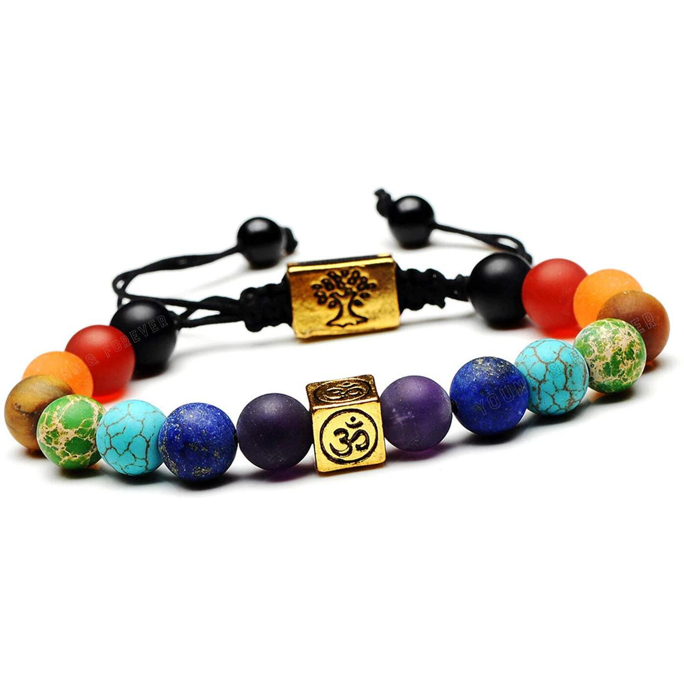 Young & Forever Gift Dvine 7 Chakra Healing Crystal Rakhi Bracelet Yoga Reiki Gold Tree of Life and OM Charm Natural Stone Rakhi Bracelet for Men and Women