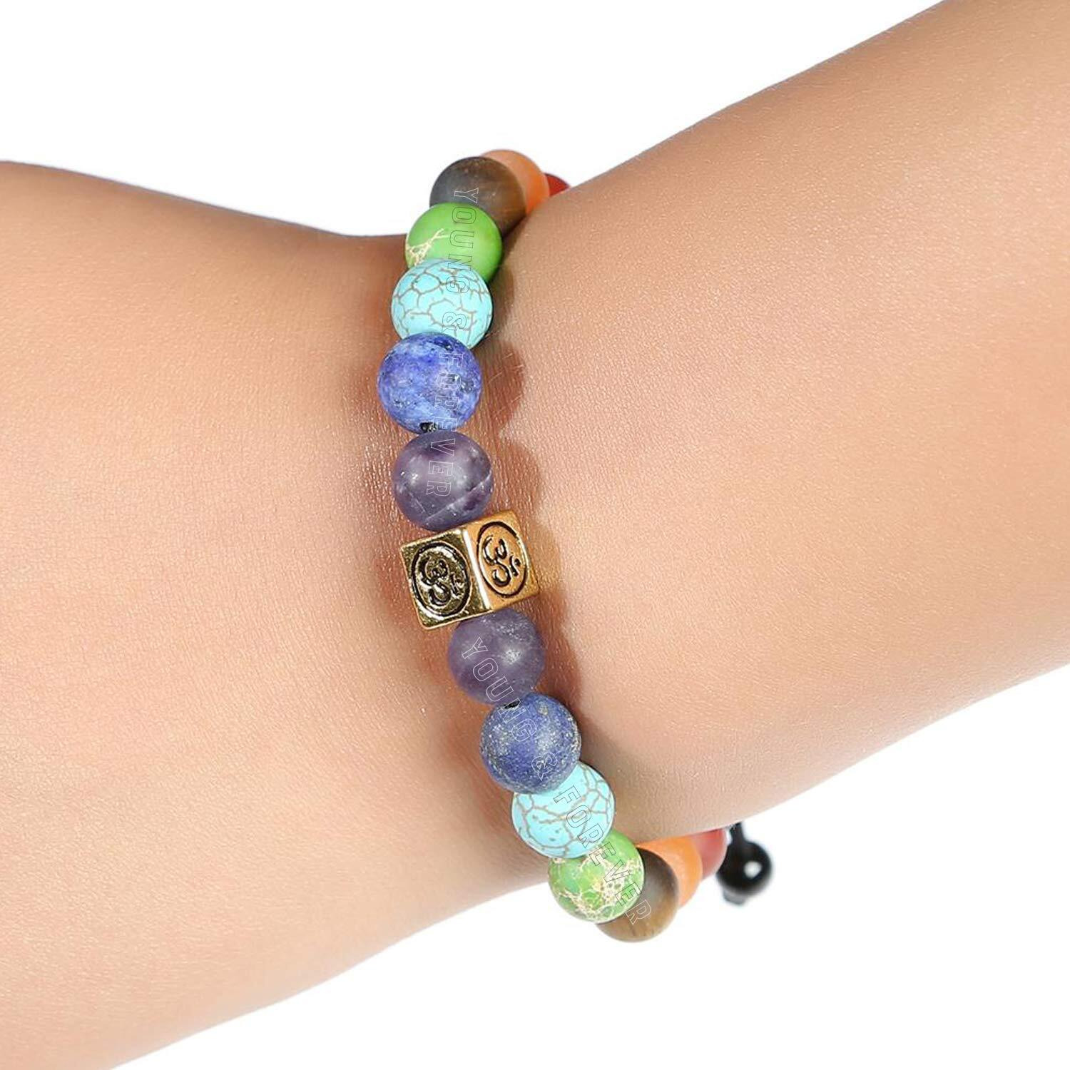 Young & Forever Gift Dvine 7 Chakra Healing Crystal Rakhi Bracelet Yoga Reiki Gold Tree of Life and OM Charm Natural Stone Rakhi Bracelet for Men and Women