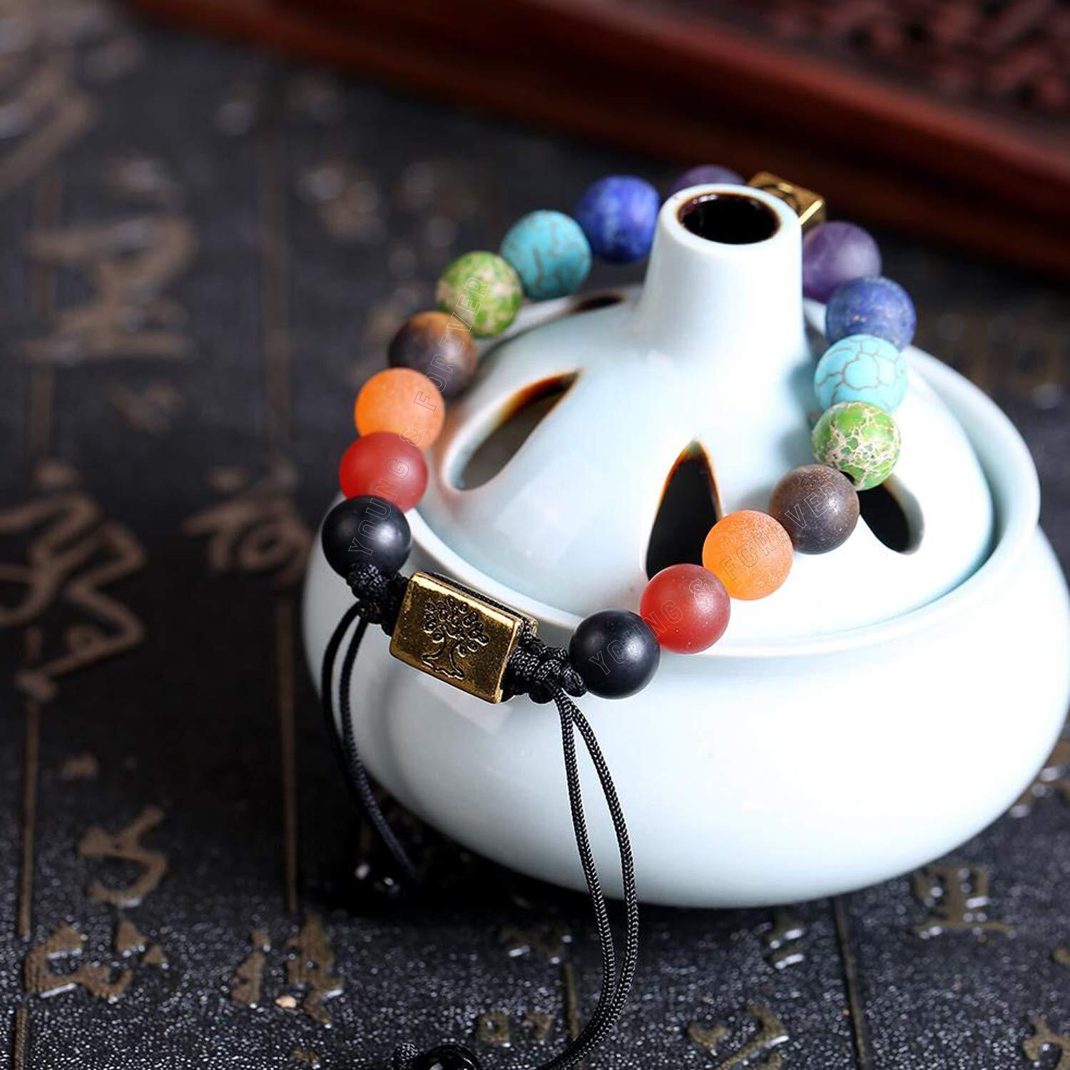 Young & Forever Gift Dvine 7 Chakra Healing Crystal Rakhi Bracelet Yoga Reiki Gold Tree of Life and OM Charm Natural Stone Rakhi Bracelet for Men and Women