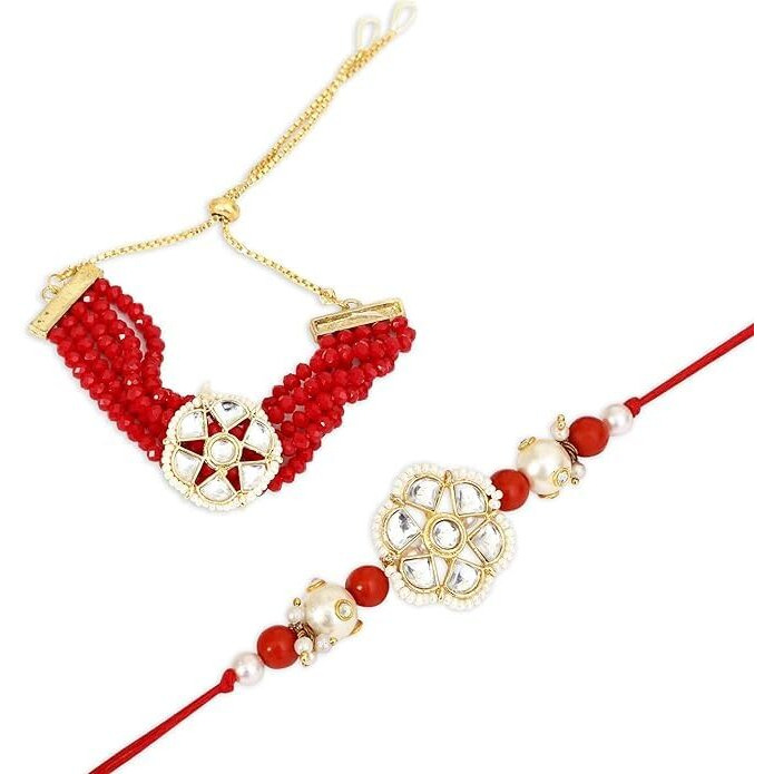 Kalakriti Rakhi For Brother And Bhabhi Combo Set Of 2 With Kundan Lumba Bracelet, Raksha Bandhan Greeting Card And Printed Potli Bag (Rakhi 6)
