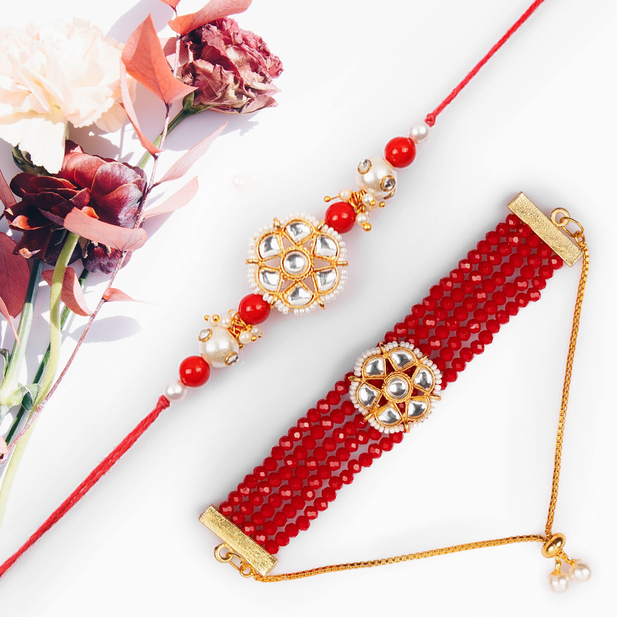 Kalakriti Rakhi For Brother And Bhabhi Combo Set Of 2 With Kundan Lumba Bracelet, Raksha Bandhan Greeting Card And Printed Potli Bag (Rakhi 6)