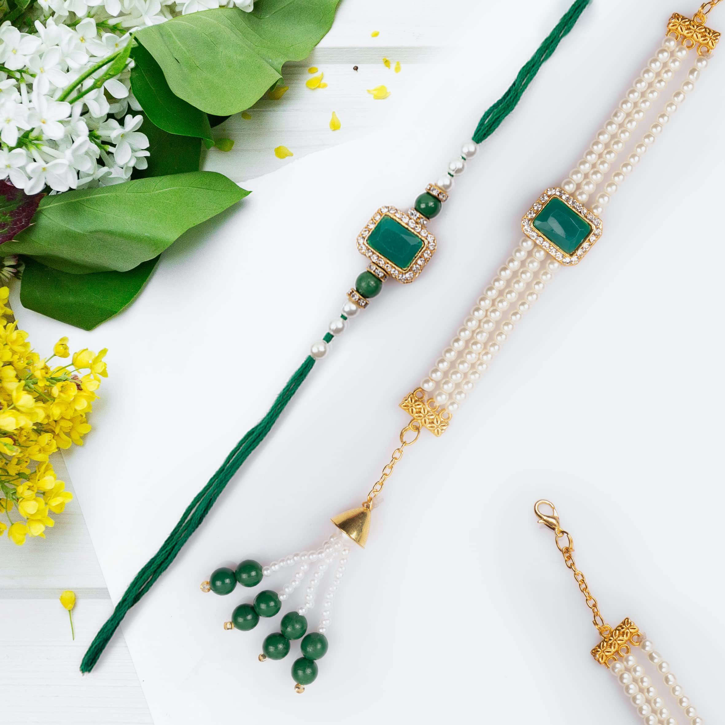 Kalakriti Unisex-Adult Rakhi For Brother And Bhabhi Combo Set Of 2 With Kundan Lumba Bracelet With Roli Chawal, Raksha Bandhan Greeting Card And Printed Potli Bag (Rakhi 3)