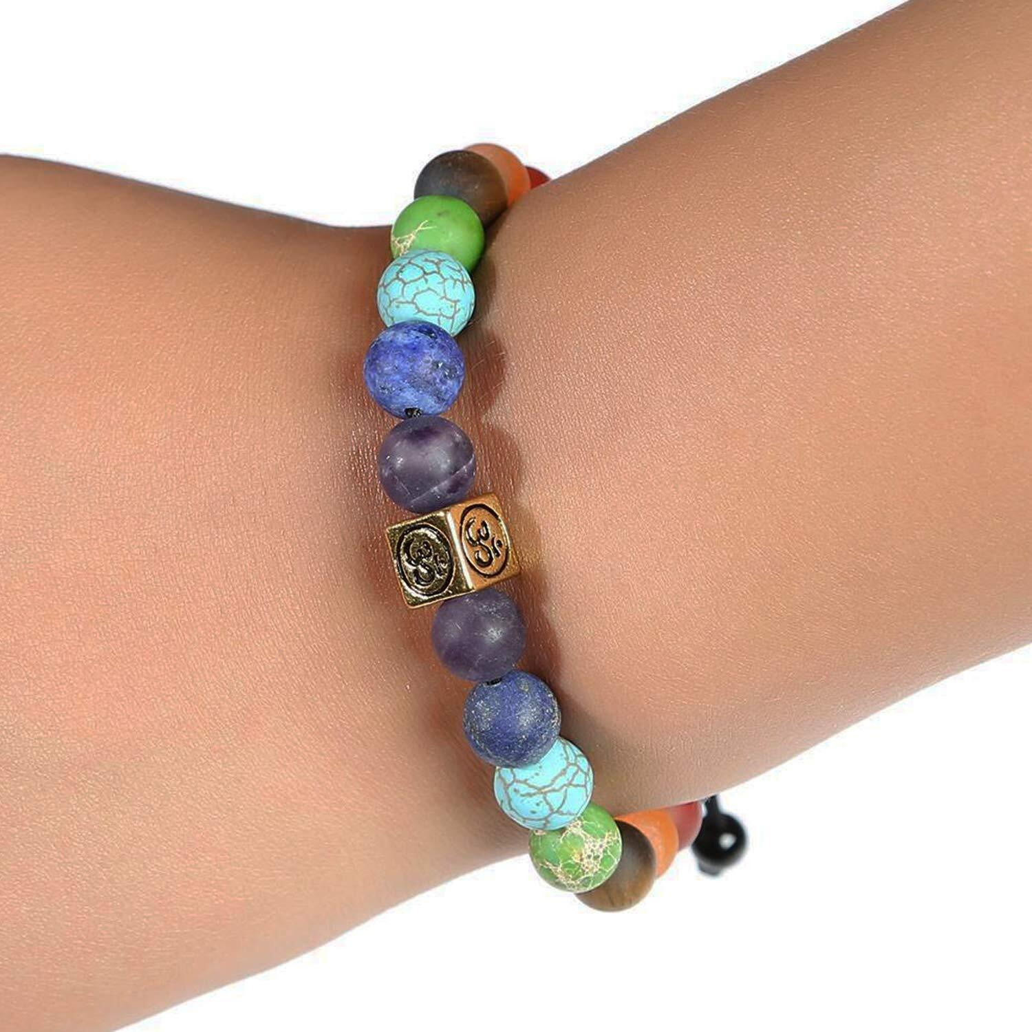 Young & Forever Gift Dvine 7 Chakra Onyx Healing Beads Yoga Reiki Silver Tree of Life and OM Charm Natural Stone Energy Strand Rakhi Bracelet for Men and Women