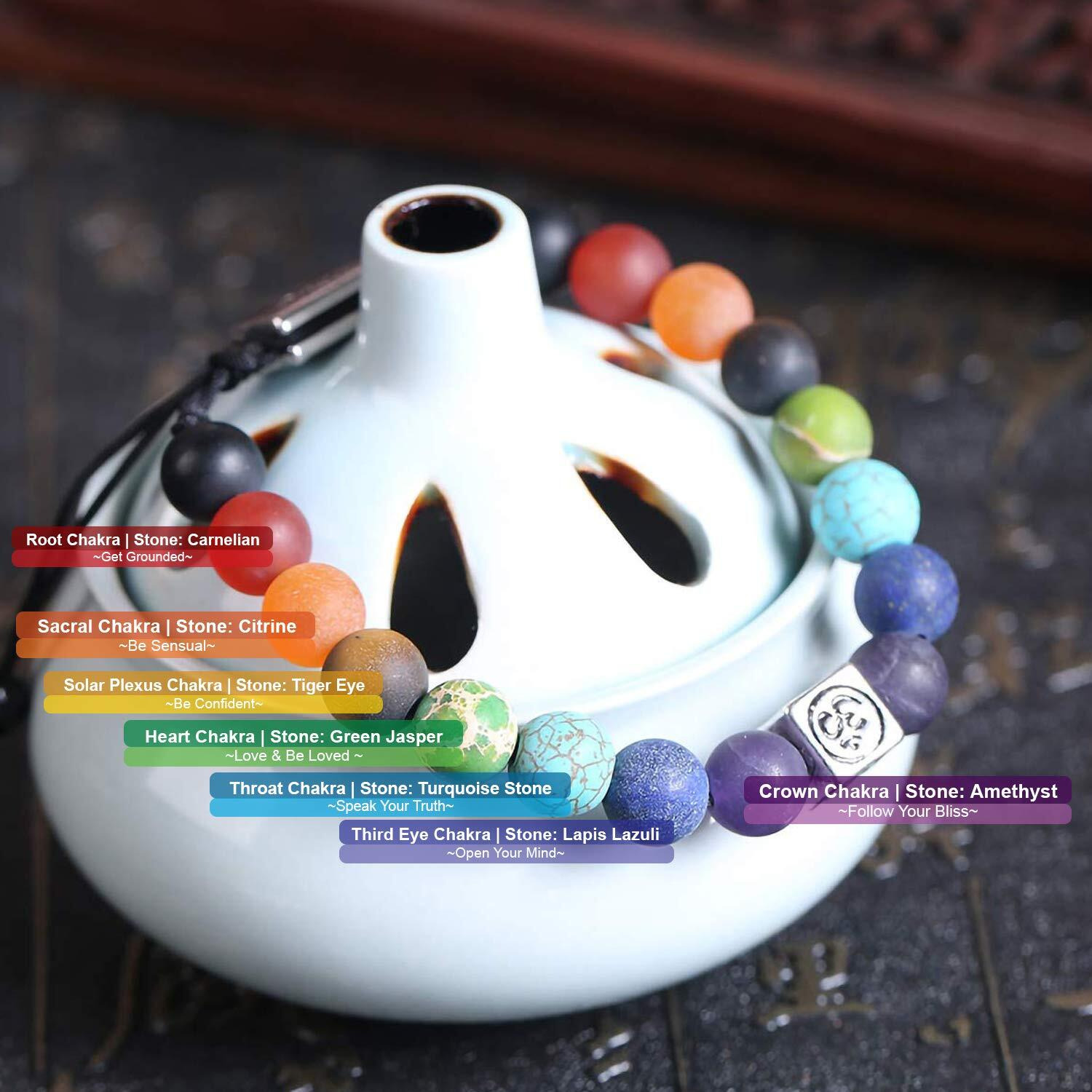 Young & Forever Gift Dvine 7 Chakra Onyx Healing Beads Yoga Reiki Silver Tree of Life and OM Charm Natural Stone Energy Strand Rakhi Bracelet for Men and Women
