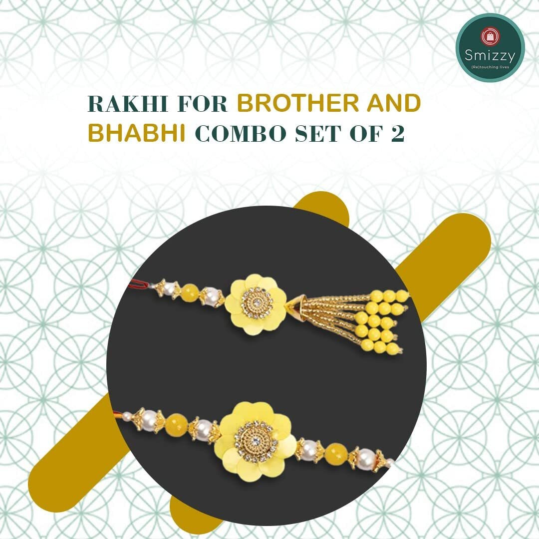 Kalakriti Rakhi For Brother And Bhabhi Combo Set Of 2 With Kundan Lumba Bracelet For Bhabhi With Roli Chawal, Raksha Bandhan Greeting Card For Unisex Adult (Rakhi 4)
