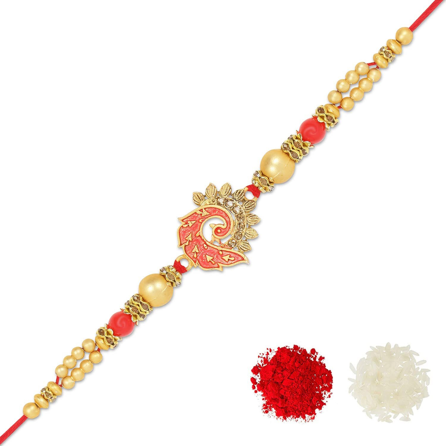 Riddhika Ventures Stylish Peacock Feather and Kundan Rakhi with Roli Chawal and Greeting Card (K4)