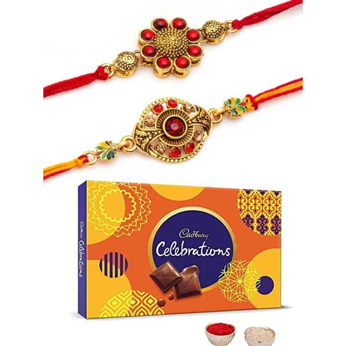 CraftVatika Combo Of 2 Rakhi For Brother With Cadbury Chocolate Gifts Combo Set,Brother Rakhi Set,Cadbury Rakshabandhan Bhai Bhabhi Hamper Greeting Card,Set Of 2 Rakhi