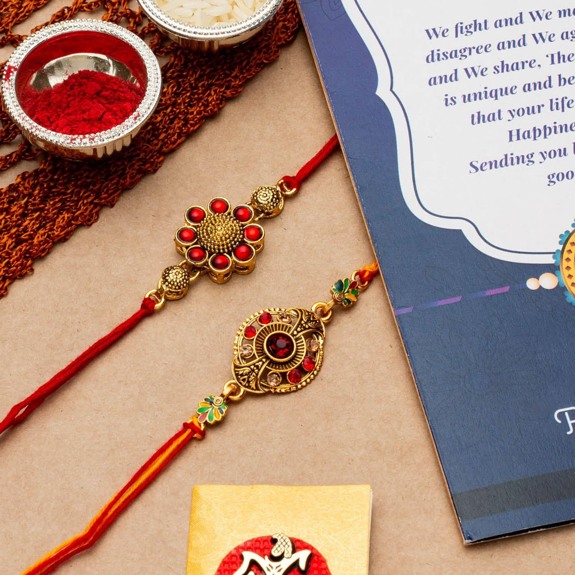 CraftVatika Combo Of 2 Rakhi For Brother With Cadbury Chocolate Gifts Combo Set,Brother Rakhi Set,Cadbury Rakshabandhan Bhai Bhabhi Hamper Greeting Card,Set Of 2 Rakhi