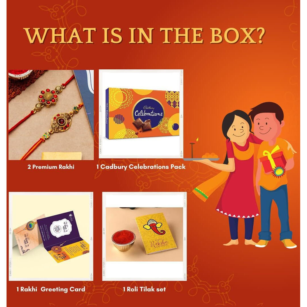 CraftVatika Combo Of 2 Rakhi For Brother With Cadbury Chocolate Gifts Combo Set,Brother Rakhi Set,Cadbury Rakshabandhan Bhai Bhabhi Hamper Greeting Card,Set Of 2 Rakhi