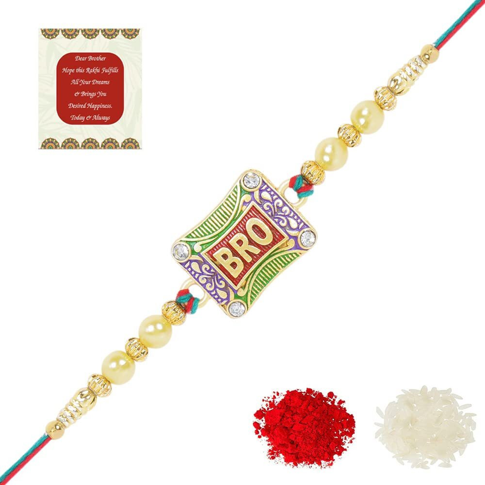 Riddhika Ventures Stunning Gold Plated Designer Brothers Rakhi with Roli Chawal and Greeting Card (P6)
