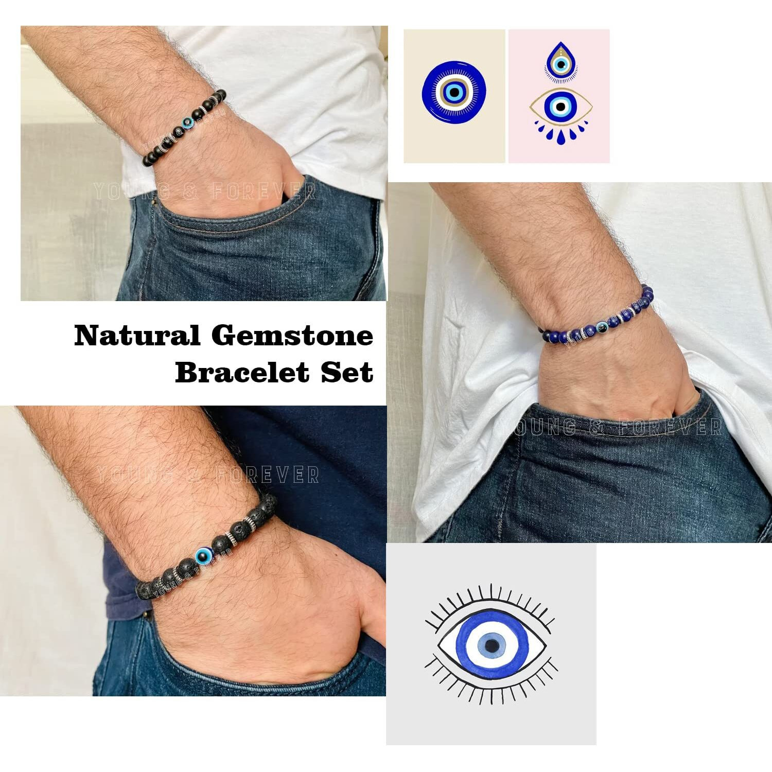 Young & Forever Gift Valentine Gift Rakhi Gift For Brother Reiki Infused Handmade Chakra Bracelets Evil Eye Bracelet Lava Rock Lapis Lazuli, Matt Onyx Healing Crystal Bracelet For Men (Pack Of 3)