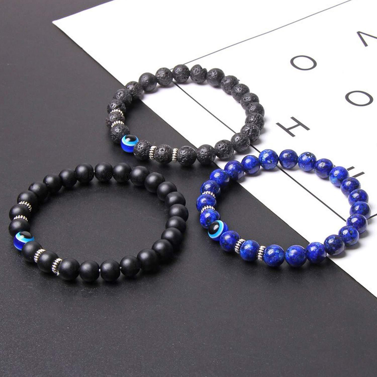 Young & Forever Gift Valentine Gift Rakhi Gift For Brother Reiki Infused Handmade Chakra Bracelets Evil Eye Bracelet Lava Rock Lapis Lazuli, Matt Onyx Healing Crystal Bracelet For Men (Pack Of 3)