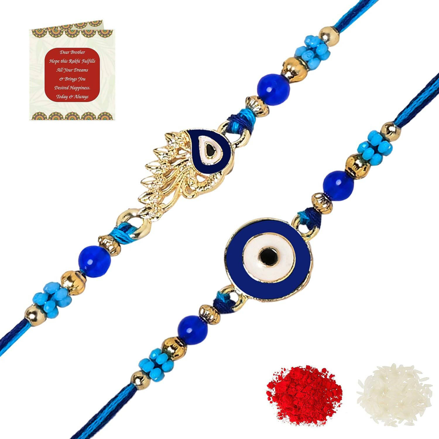 Riddhika Ventures Evil Eye Rakhi Protect From Negative Energy (Set of 2) with Roli Chawal, Greeting Card and and One Motivational Keychain (K18K19K)