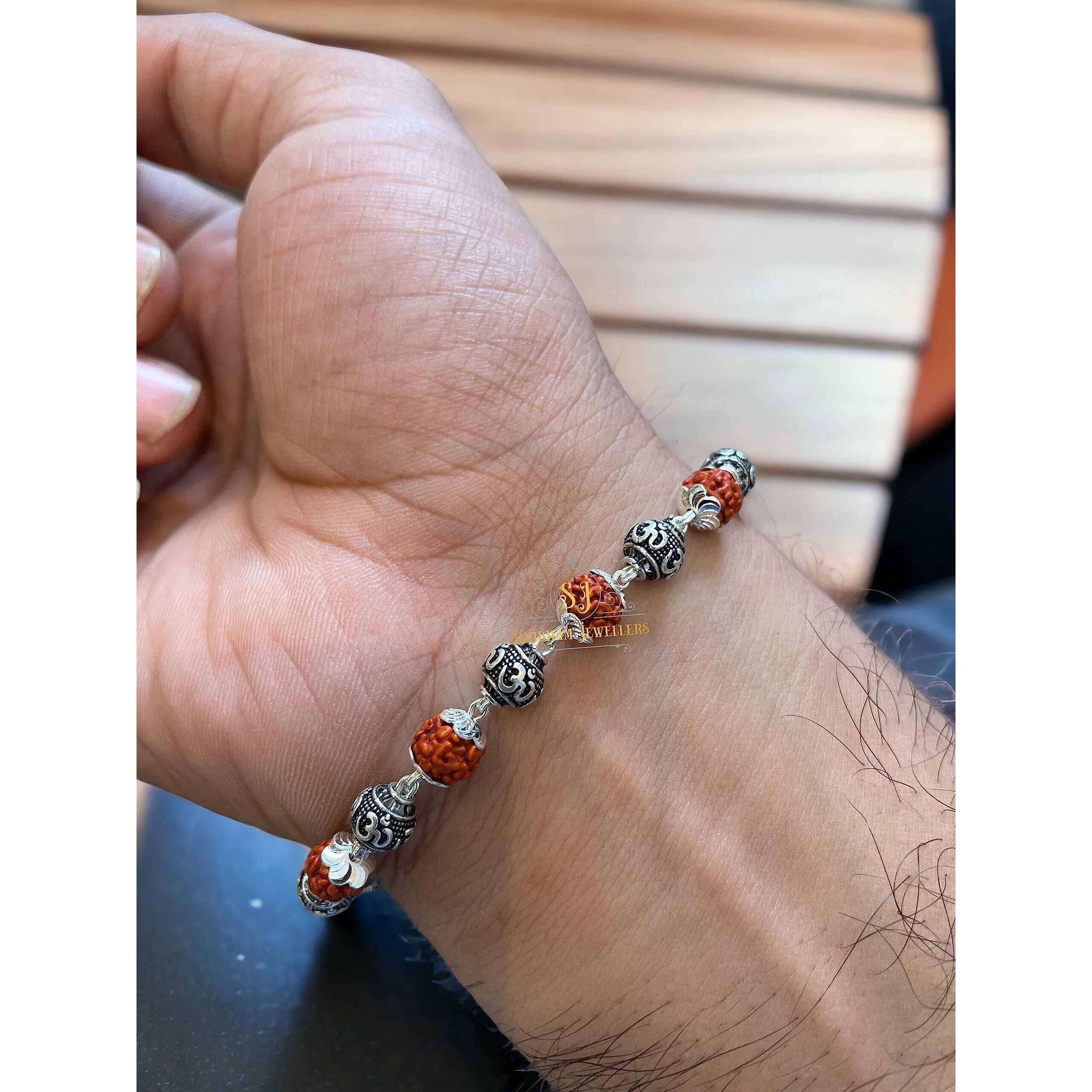 SJ SHUBHAM JEWELLERS 925 Sterling Silver Handmade Dual Wire Stylish Rudraksha Bracelet Silver Rakhi For Men (Brown, 6 Mm Natural Beads Om Silver Para) (9OM)