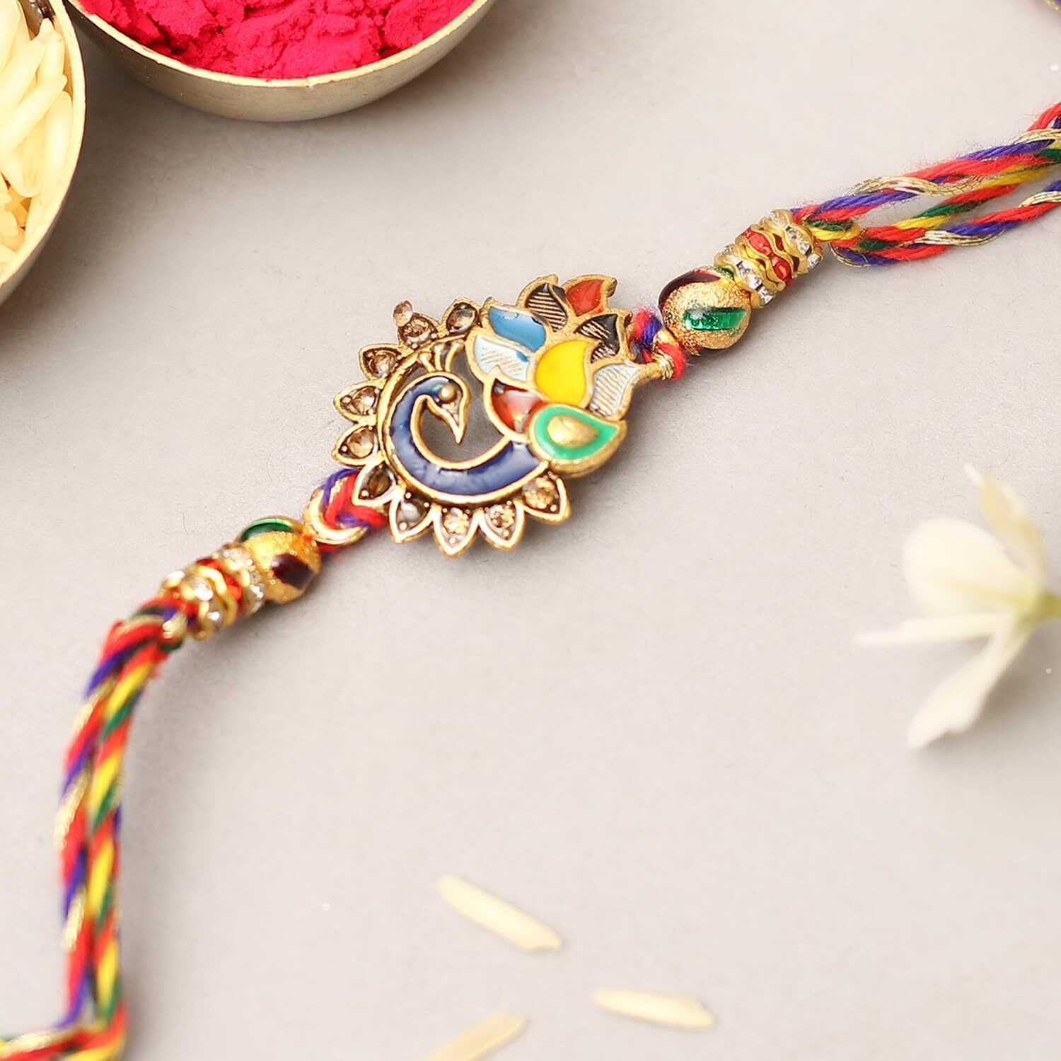 The Purple Tree Unisex Meenakari Peacock Rakhi Combo For Brother With Greeting Card And Roli Chawal (1 Rakhi), Rakhi For Bhai, Rakshabandhan Gift Combo, Best Gift, Rakhi For Brother