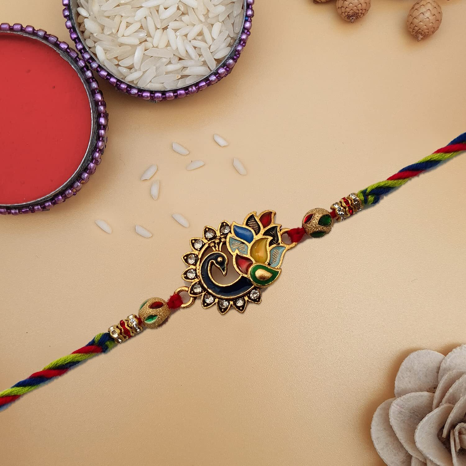The Purple Tree Unisex Meenakari Peacock Rakhi Combo For Brother With Greeting Card And Roli Chawal (1 Rakhi), Rakhi For Bhai, Rakshabandhan Gift Combo, Best Gift, Rakhi For Brother
