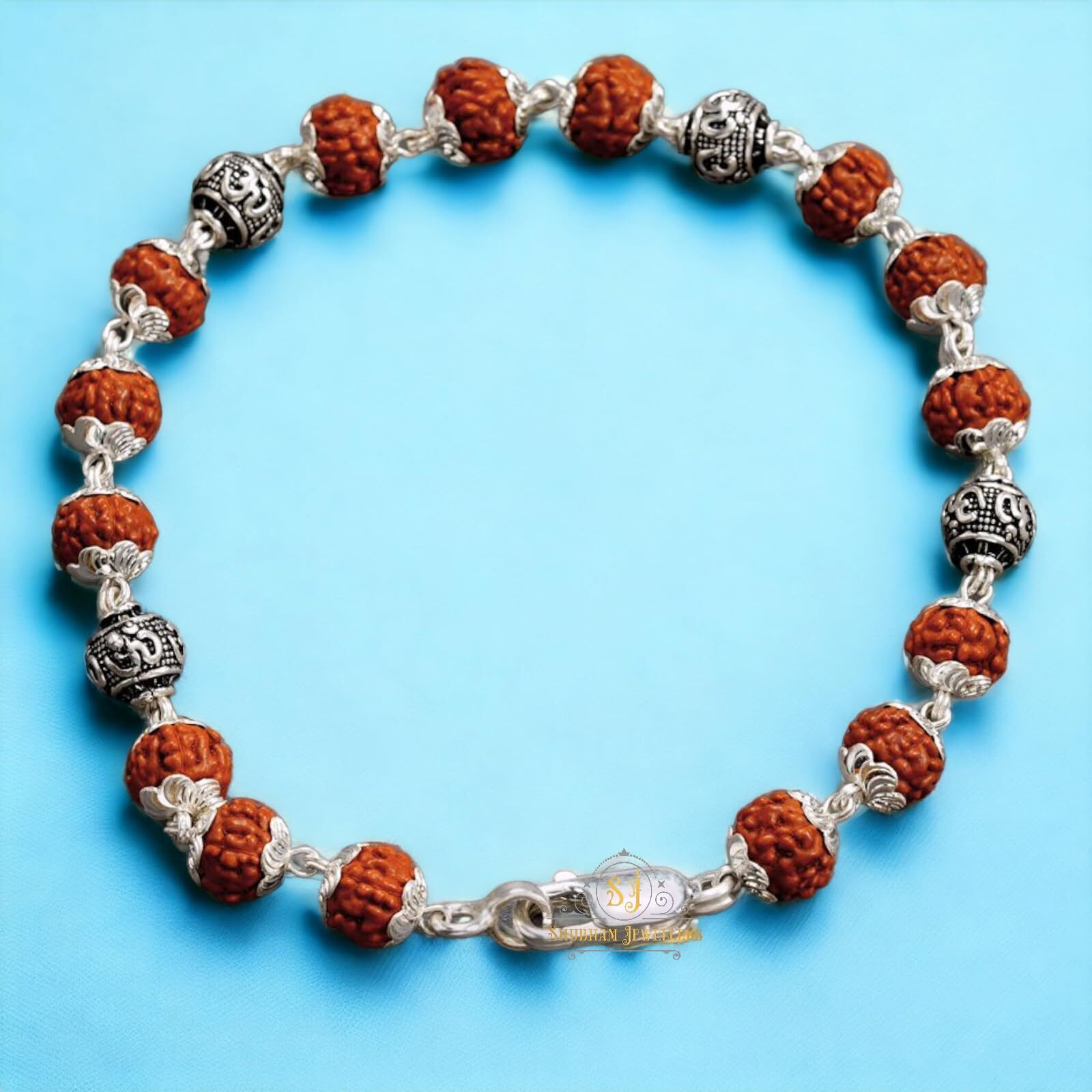 SJ SHUBHAM JEWELLERS 925 Sterling Silver Handmade Dual Wire Stylish Rudraksha Bracelet Silver Rakhi For Men (Brown, 6 Mm Natural Beads Om Silver Para) (4OM)
