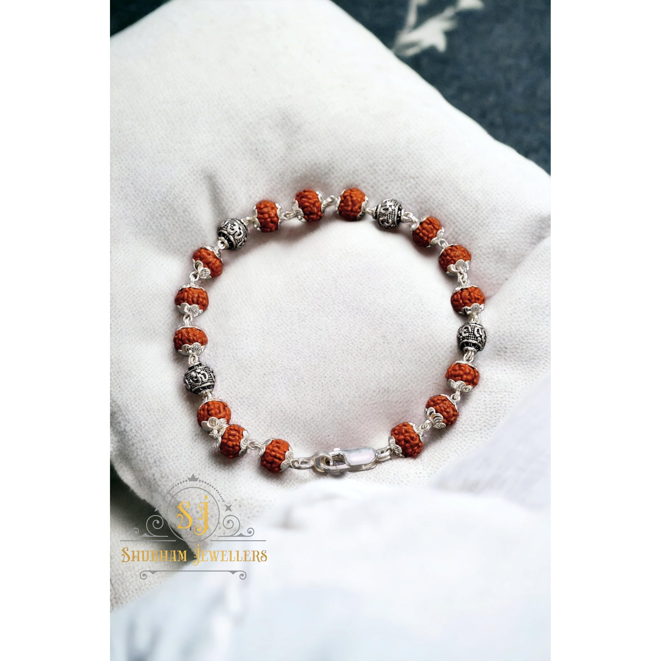 SJ SHUBHAM JEWELLERS 925 Sterling Silver Handmade Dual Wire Stylish Rudraksha Bracelet Silver Rakhi For Men (Brown, 6 Mm Natural Beads Om Silver Para) (4OM)