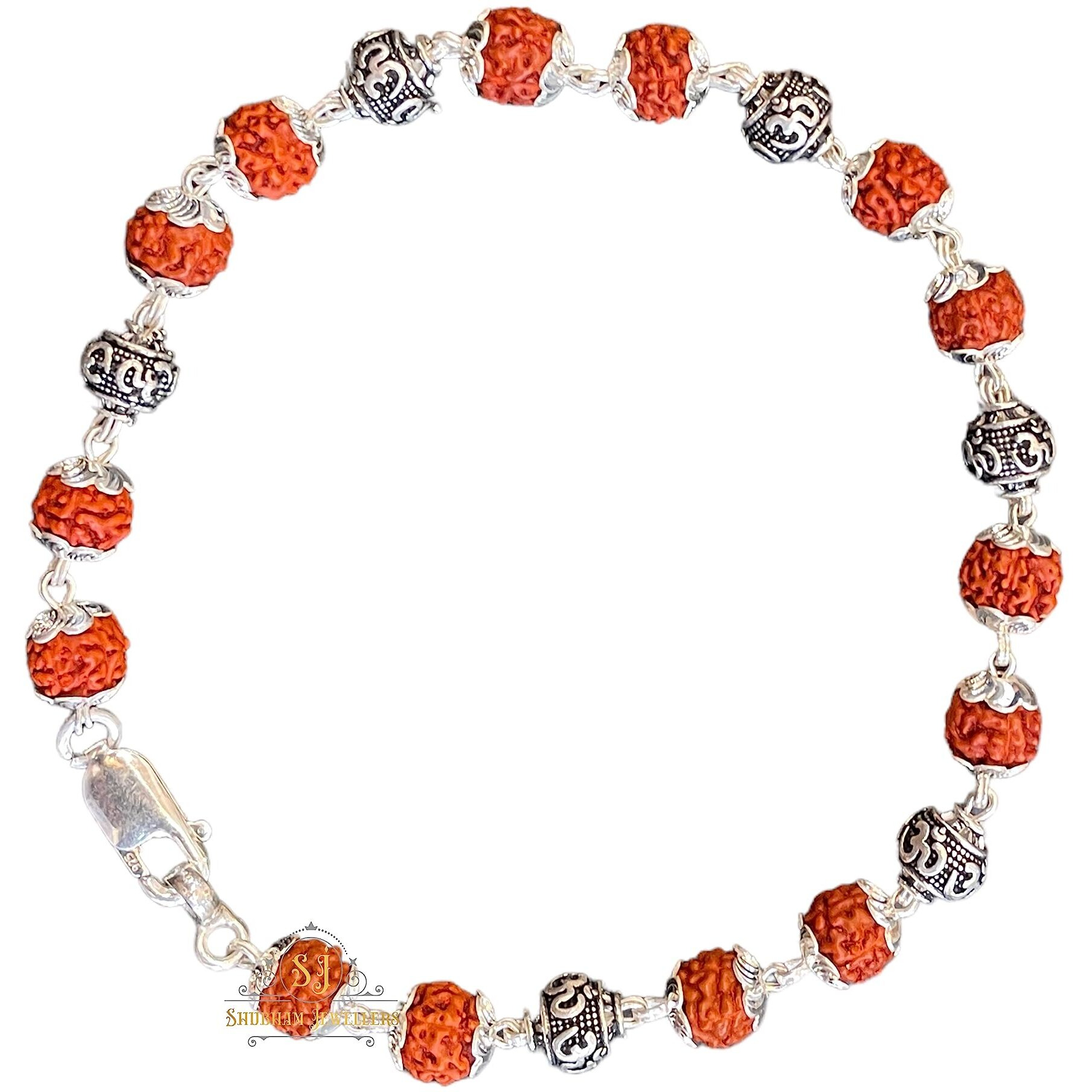 SJ SHUBHAM JEWELLERS 925 Sterling Silver Handmade Dual Wire Stylish Rudraksha Bracelet Silver Rakhi For Men (Brown, 6 Mm Natural Beads Om Silver Para) (6OM)